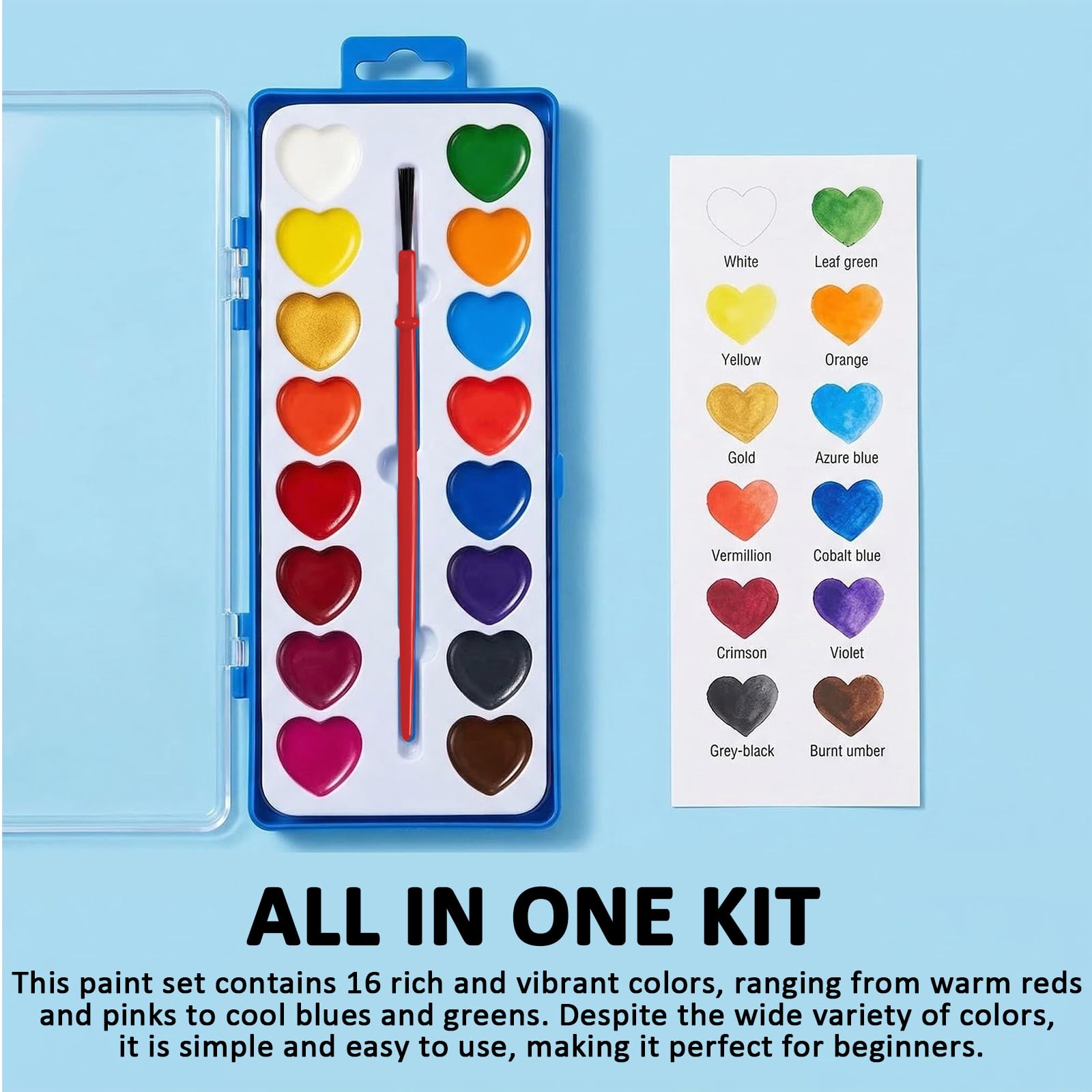 Shgxjjnb 24 Pack Heart Watercolor Paint Set with Paintbrush and 16 Colors for Kids, Valentines Party Favors Art, Classroom Gifts for Students Painting - 2