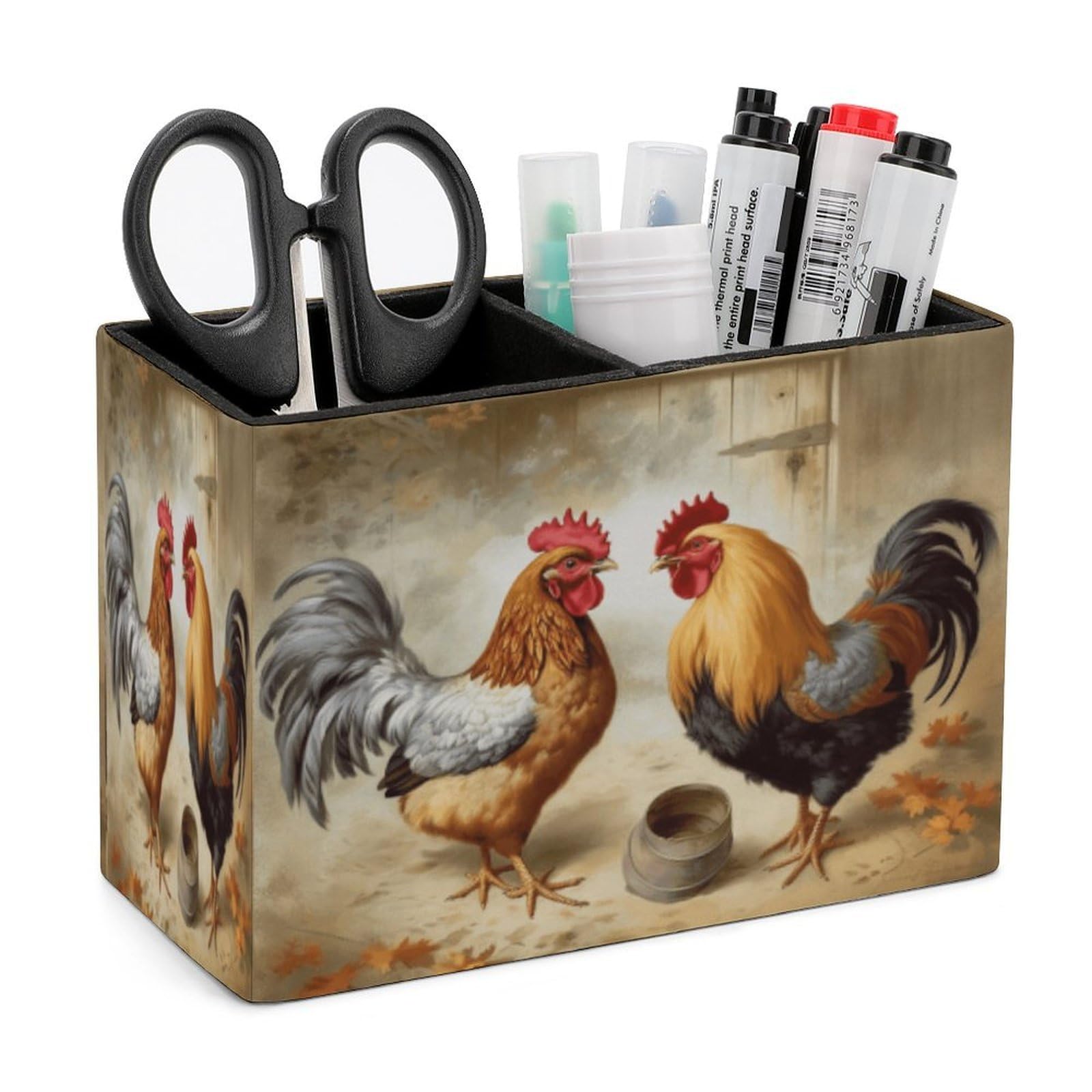 LZQPOEAS Chicken And Rooster Print Leather Pen Holder Square Pencil Holder Multi-Functional Desk Organizer Modern Pen Cup Pencil Cup Minimalist Desktop Stationery Organizer for Desk Office Home