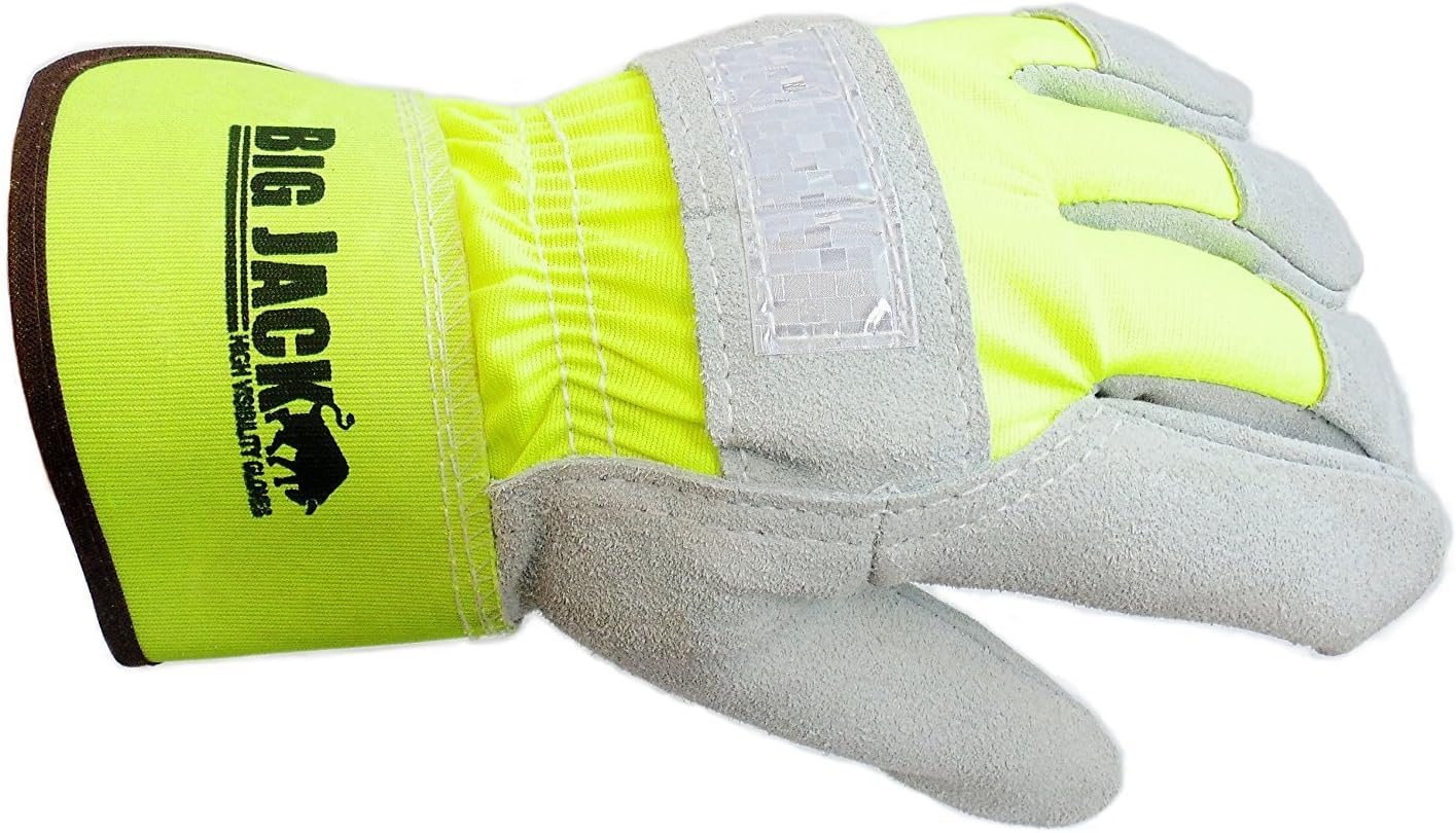 BGBYHVG Hi Visibility Cowhide Palm- Leather Gloves for men with rubberized safety cuff, Large (72 Pairs, Fluorescent Lime)