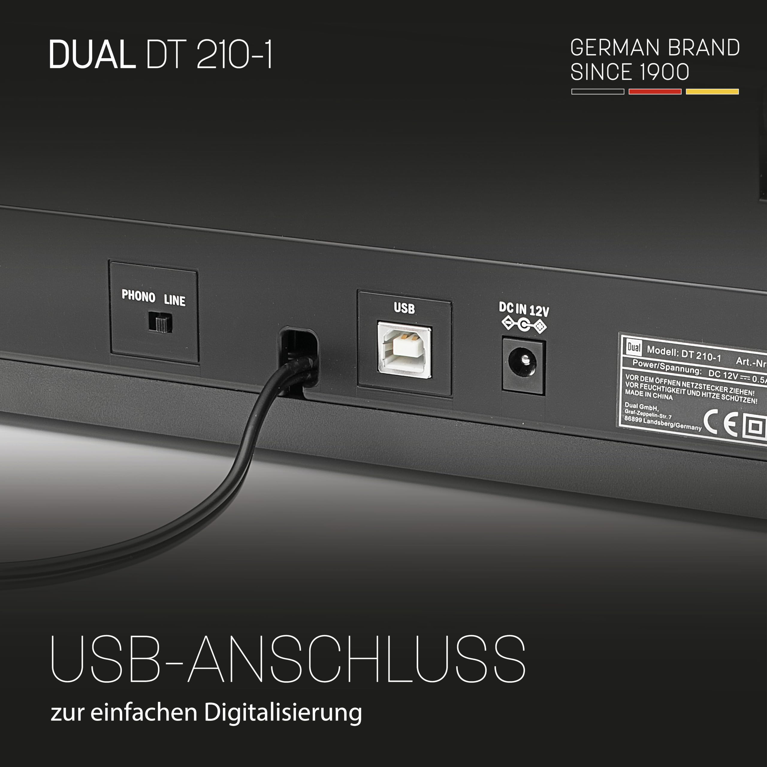 Dual DT 210-1 USB-Plattenspieler, 2 Geschwindigkeiten, Magnet-Tonabnehmer-System, Riemenantrieb, USB-Anschluss für Digitalisierung, Schwarz