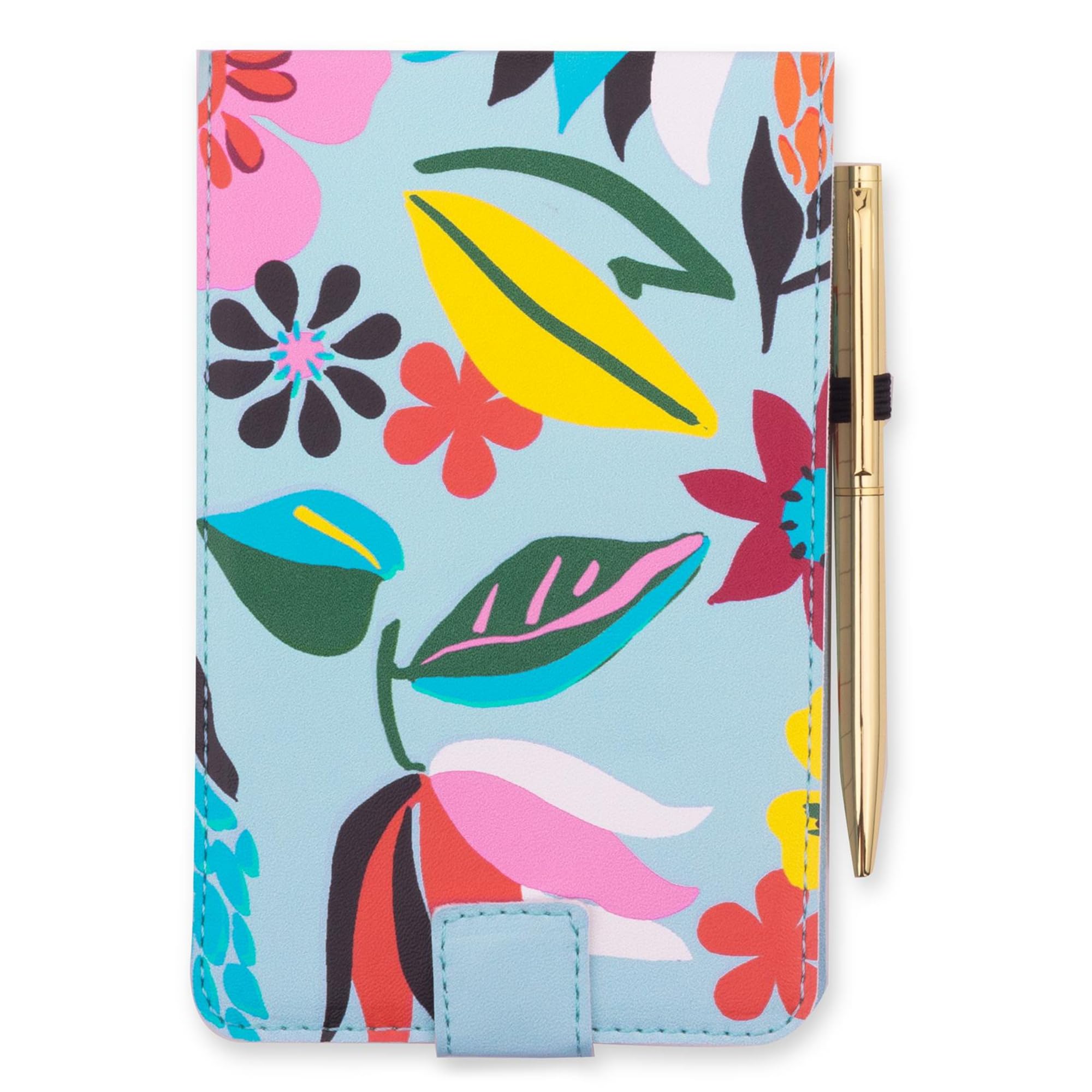 kate spade new york 5.5" x 3.75" Jotter Notepad with Refillable 96 Page Perforated Lined Notepad, Gold Pen, Flip Cover, and Elastic Loop, Safari Floral