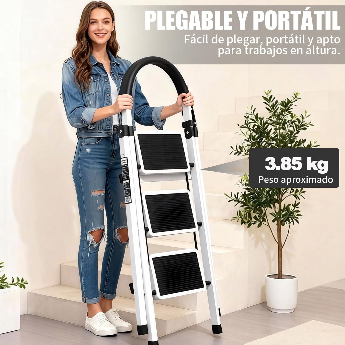 Escalera Plegable 3 peldaños con pasamanos y con Pedal Antideslizante | Taburete Multifuncional con Superficie | Escaleras Plegables Domésticas | Step Ladder para Hogar (3 escalones)