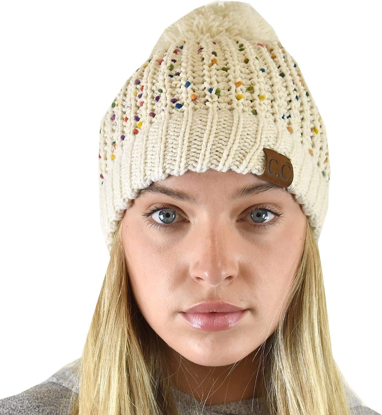 C.C Soft Winter Warm Confetti Knit Chenille Pom Beanie Hat