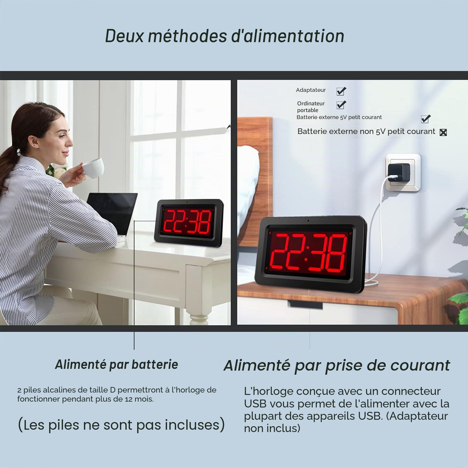 Horloge Murale LED Affichage Numérique Rouge 21,5 x 14 x 4,5 cm Alimentée par Batterie ou Adaptateur Réveil Lumineux