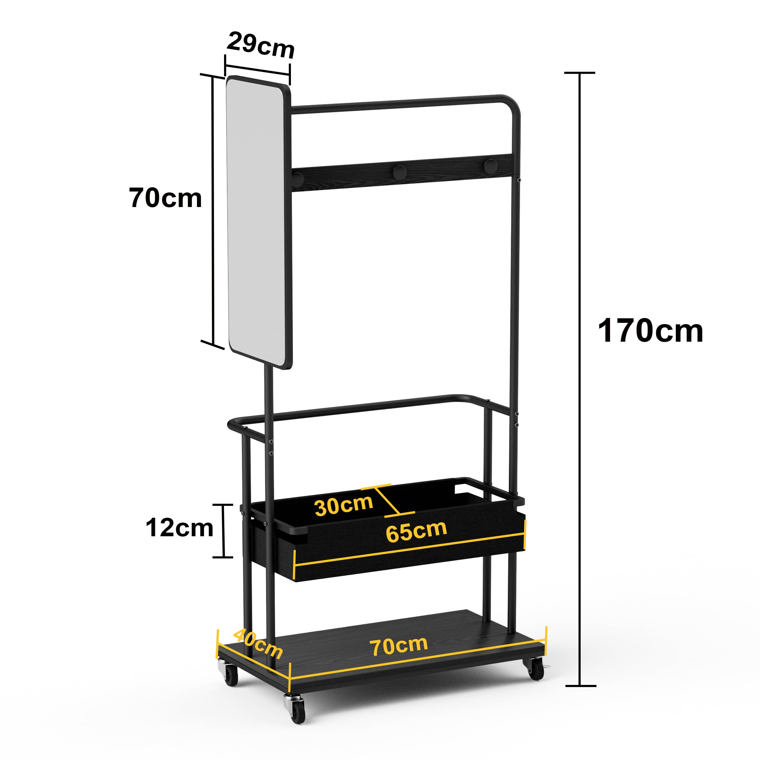 Robuster Kleiderständer aus Metall mit Rollen, 3-in-1-Design mit Korb und Spiegel, Kleiderbügel, mobiler Kleiderständer mit Rollen, geräumiger Garderobenständer, Schwarz, 70 * 40 * 170cm