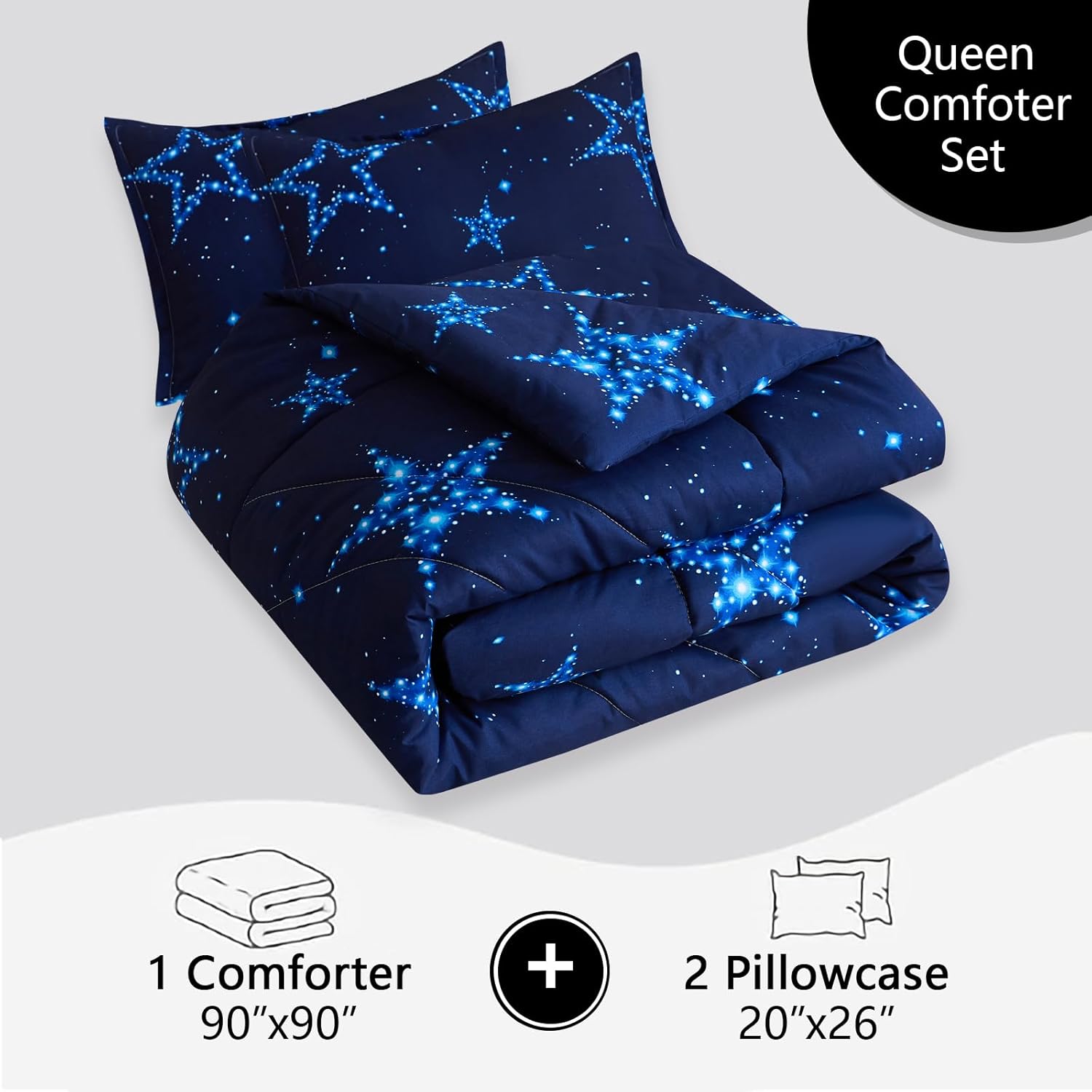 Caressma Star Comforter Teen Boy Girl Bedding Blue Galaxy Queen Size Microfiber Set 3 Pieces with Pillowcases for All Seasons - Image 4