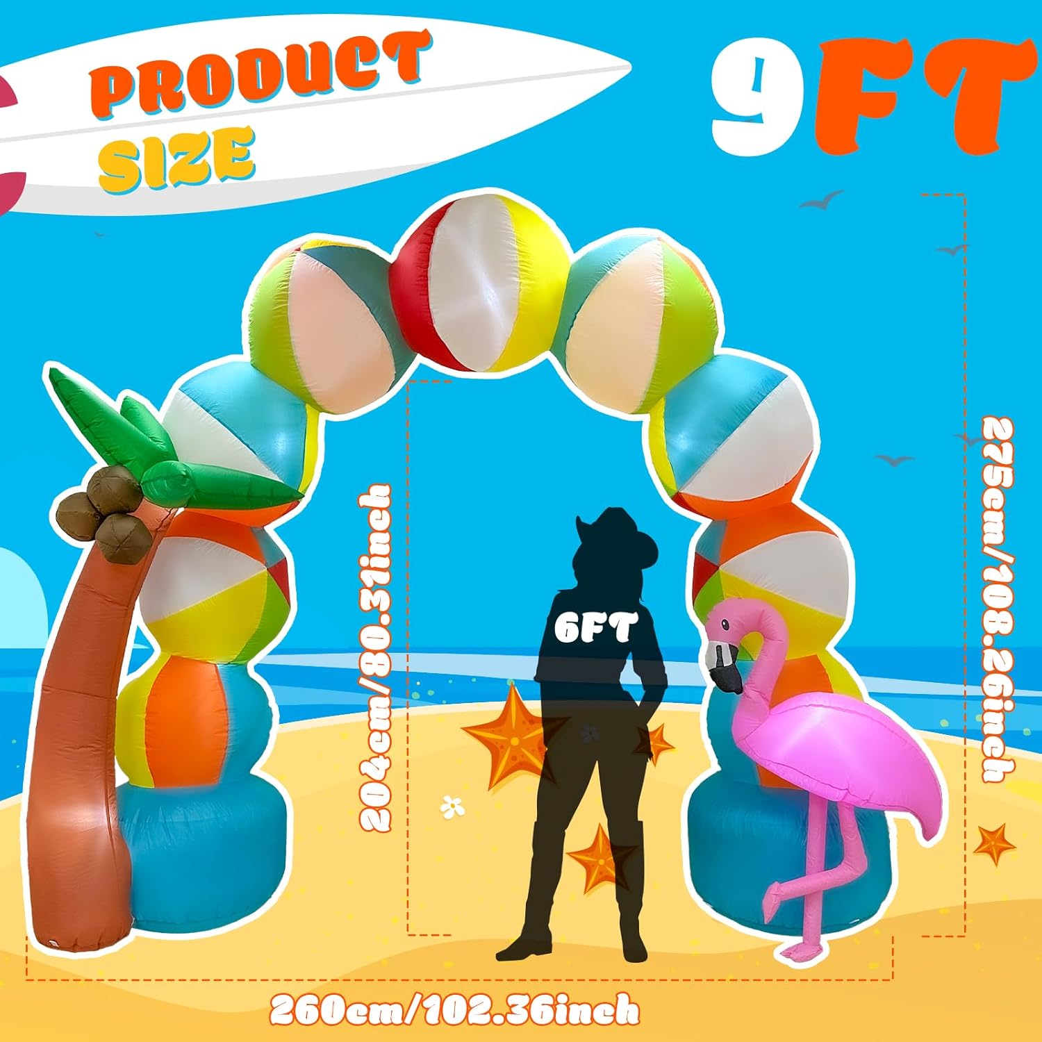 9FT Summer Inflatable Beach Arch Ball, Giant Inflatable Arch Pool Party Decorations with 8 LED Lights Summer Inflatables Outdoor Decorations Beach Party Decorations for Sea Pool Beach Hawaiian