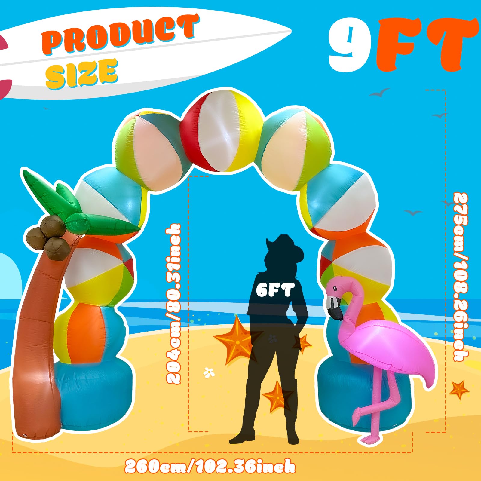 Arco inflable de playa inflable de verano de 9 pies con 5 luces LED para inflables de verano, decoraciones al aire libre, regalos de fiesta en la playa