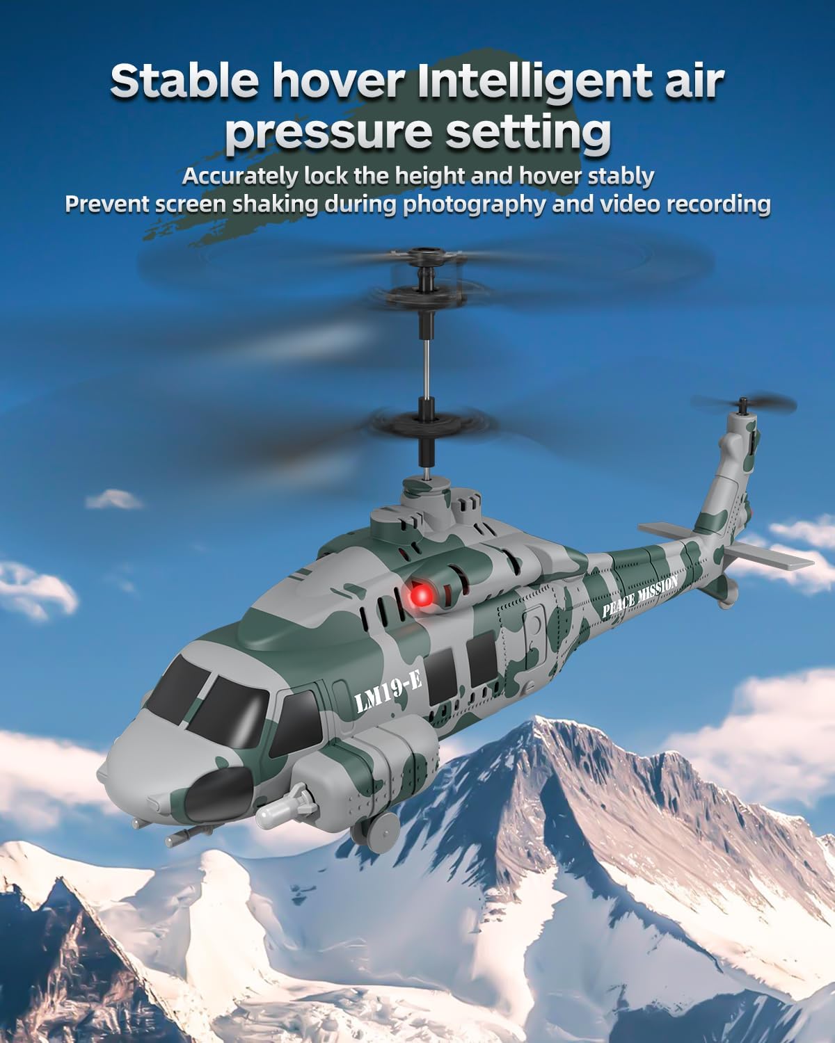 RC Helicopter, LM19-E 2.4GHz Remote Control Helicopter with 10 Launchable Missiles, LED Light, Altitude Hold, One-Key Take Off, Indoor Friendly, Army Toys for Birthday(2 Batteries)