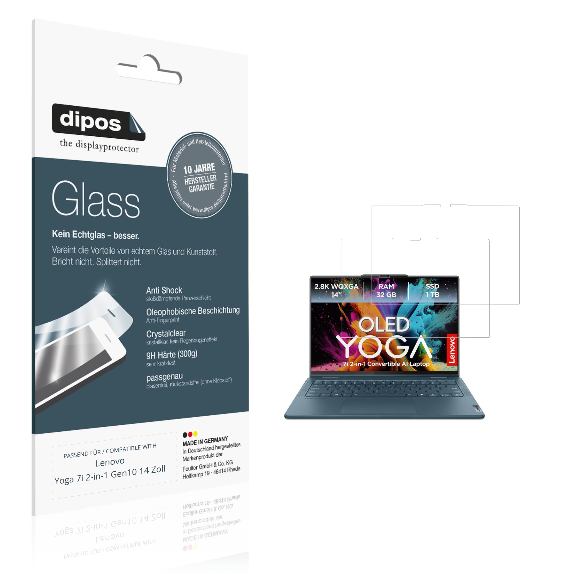 dipos 2x Pellicola Protettiva 9H per Lenovo Yoga 7i 2-in-1 Gen10 14 Zoll | Non si rompe e non si scheggia, non è vero vetro, Anti-Shock, si adatta perfettamente, antigraffio, senza bolle, autoadesiva