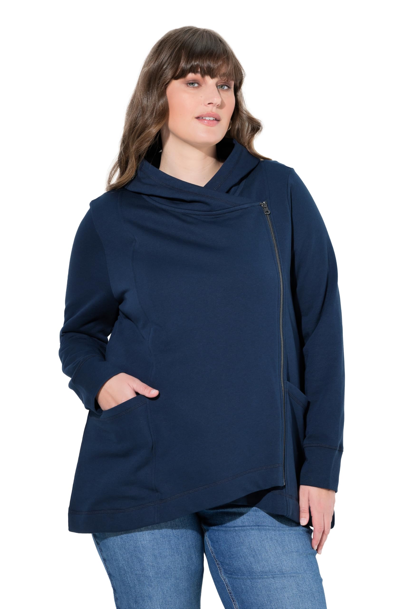 Ulla Popken Damen große Größen Übergrößen Plus Size Sweatjacke, asymmetrisch, Kapuze, Biobaumwolle 843786