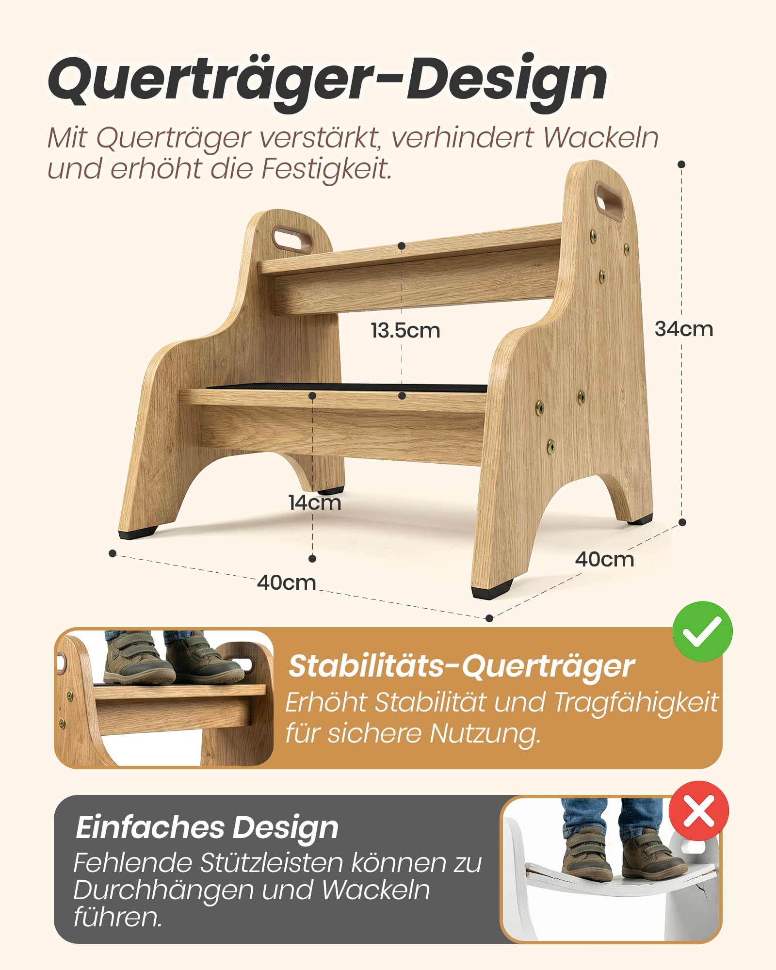Tritthocker Kinder aus Holz – extra stabil & rutschfest, Anti-Rutsch Stufen, sichere Rundkanten, Fester Halt – ideal für Bad, Toilette & Küche