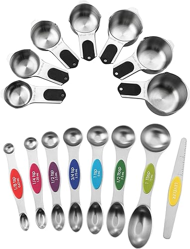 Spring Chef Vasos medidores magnéticos de acero inoxidable, juego de 7, cucharas medidoras negras y magnéticas, juego de 8, multicolor - Paquete de