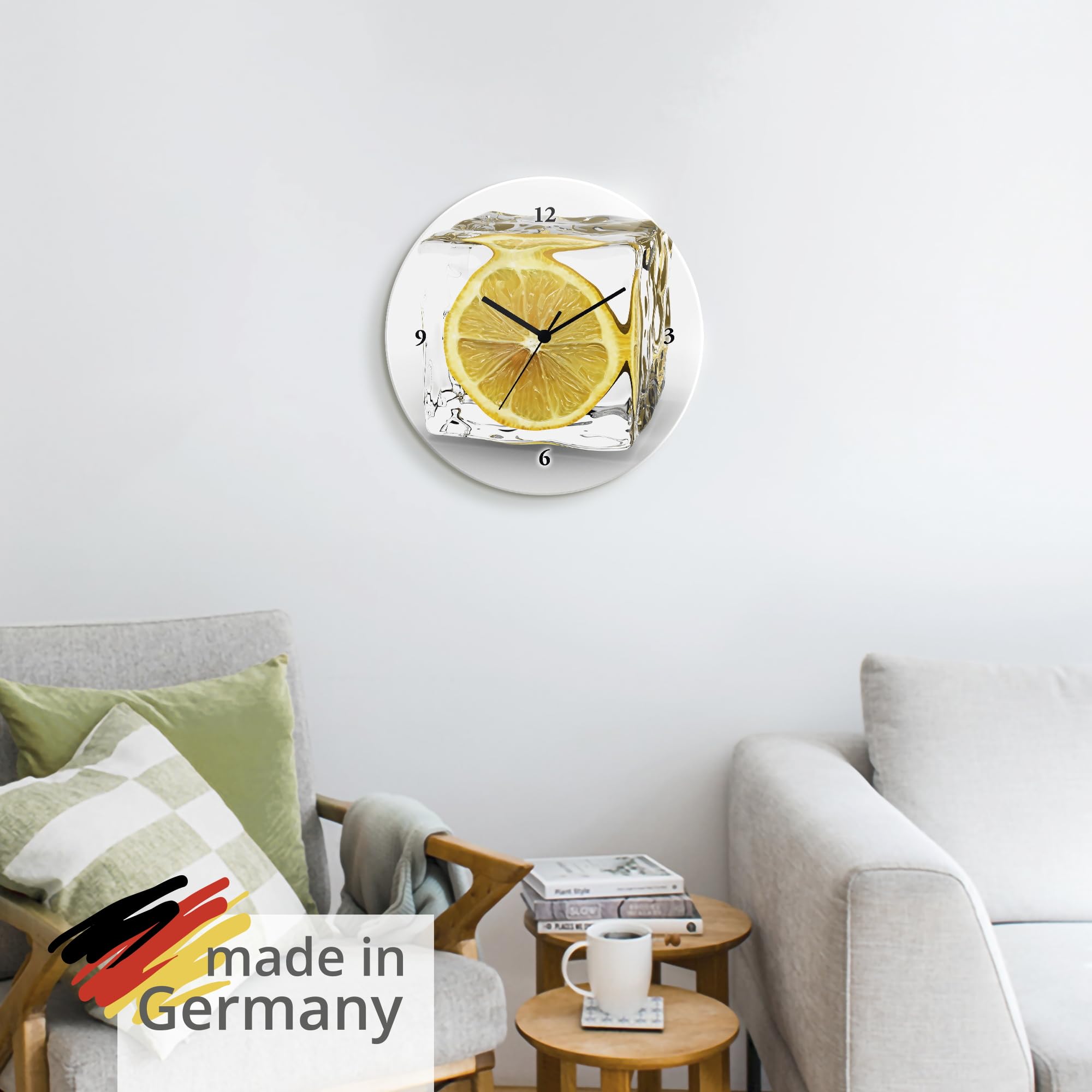 ARTLAND Wanddeko Wanduhr ohne Tickgeräusche Glas Quarzuhr Ø 30 cm Rund Lautlos Obst Früchte Zitrone im Eiswürfel Frucht Kreativ T5XT