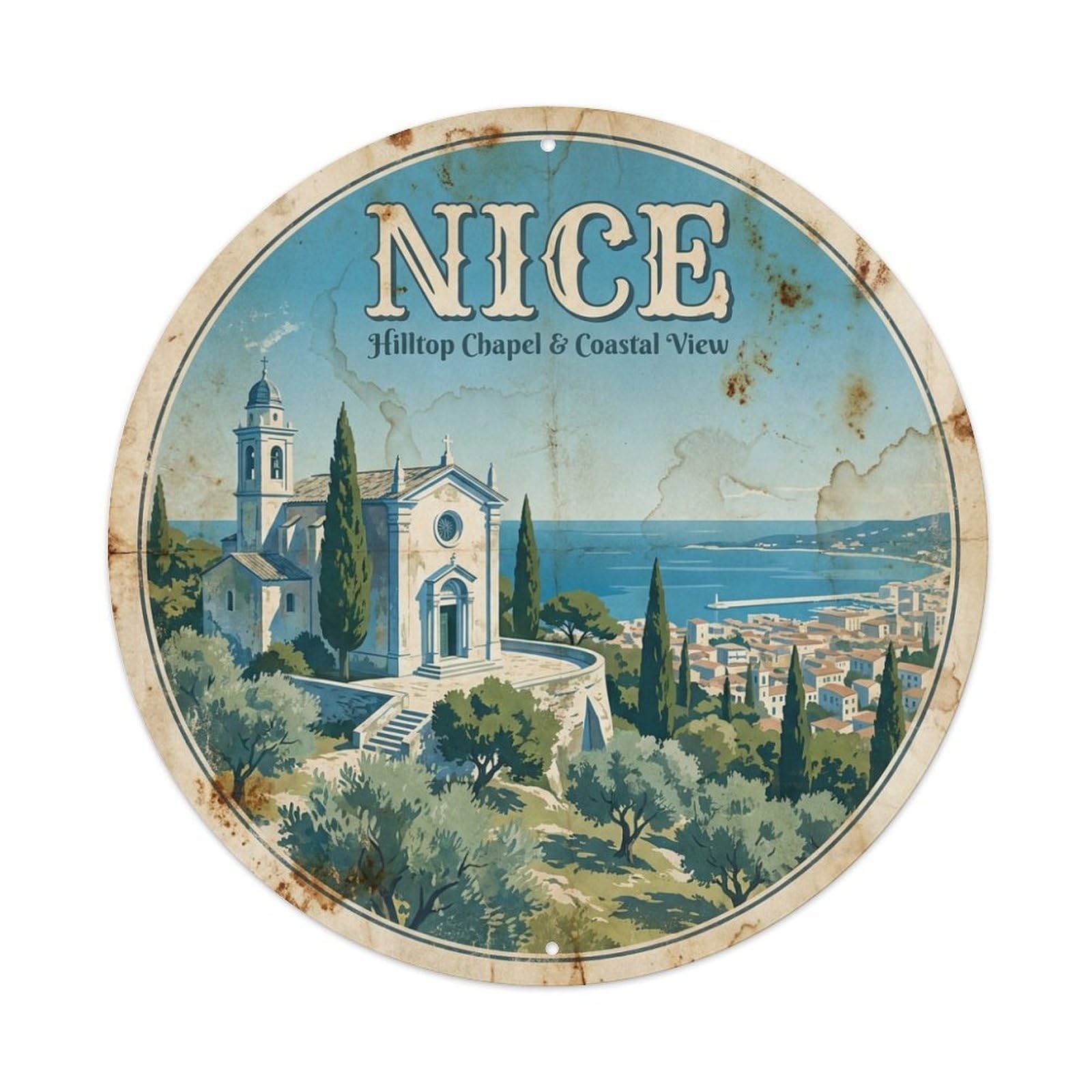 Olhnbad Style Hilltop Chapel Coastal Culture Nice Travel Metal Tin Sign