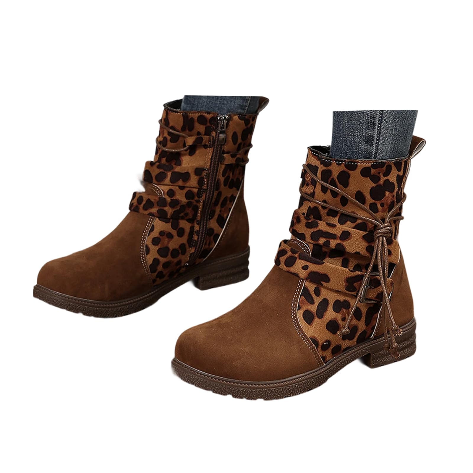 Suede Ankle Boots for Women Low Heel Mid Calf Platform Side Zipper Slouch Boots Round Toe Wide Fall