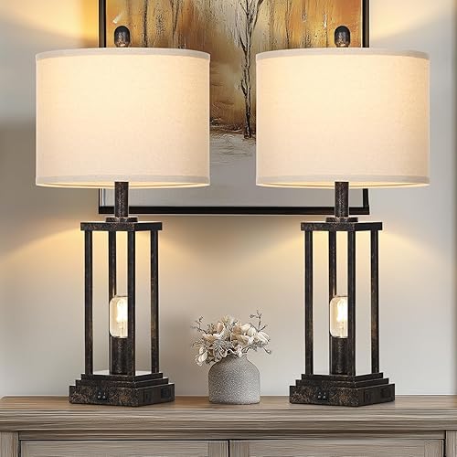 Miniatura 2 de Lámparas de mesa de granja de 27 pulgadas de alto con luz nocturna, lámpara de mesa auxiliar industrial de bronce para sala de estar, lámparas de