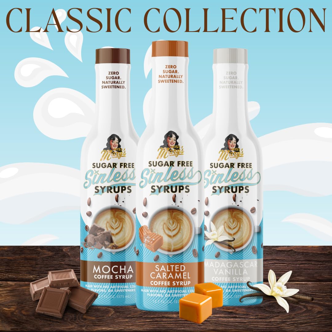 Miss Mary’s Sinless Syrups Classic Collection - Sugar Free Coffee Syrup, No Sugar, Keto Friendly, Plant Based, Natural Ingredients, No Artificial Sweetener, Madagascar Vanilla, Caramel, Mocha, 3 Pack