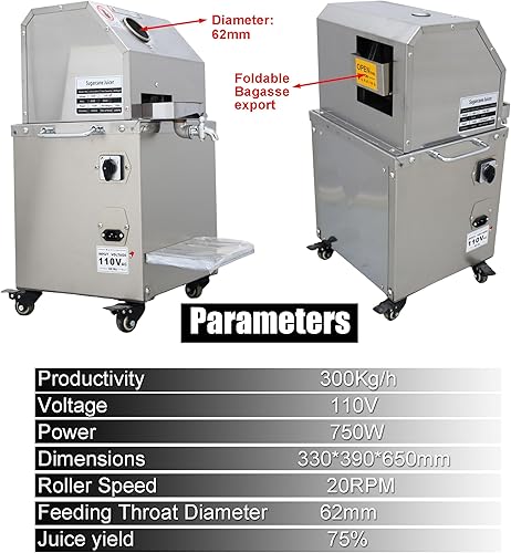 Miniatura 7 de Exprimidor de caña de azúcar, prensa eléctrica de caña de azúcar, prensa vertical de jengibre, extractor de jugo de caña de azúcar, 3 rodillos de