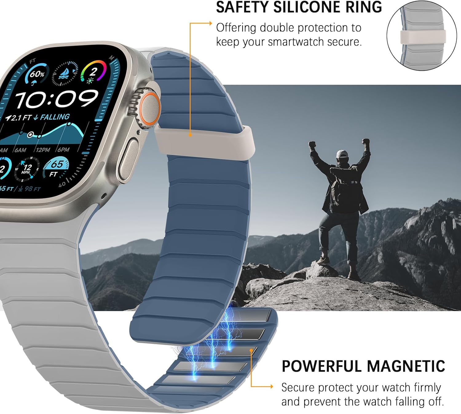 Double Sided Reversible Band Compatible with Apple Watch 49mm 46mm 45mm 44mm 42mm, Magnetic Wristband Soft Silicone Straps for iWatch Ultra 3 2 1 SE Series 11 10 9 8 7 6 5 4 3, Misty Grey Blue - Image 6