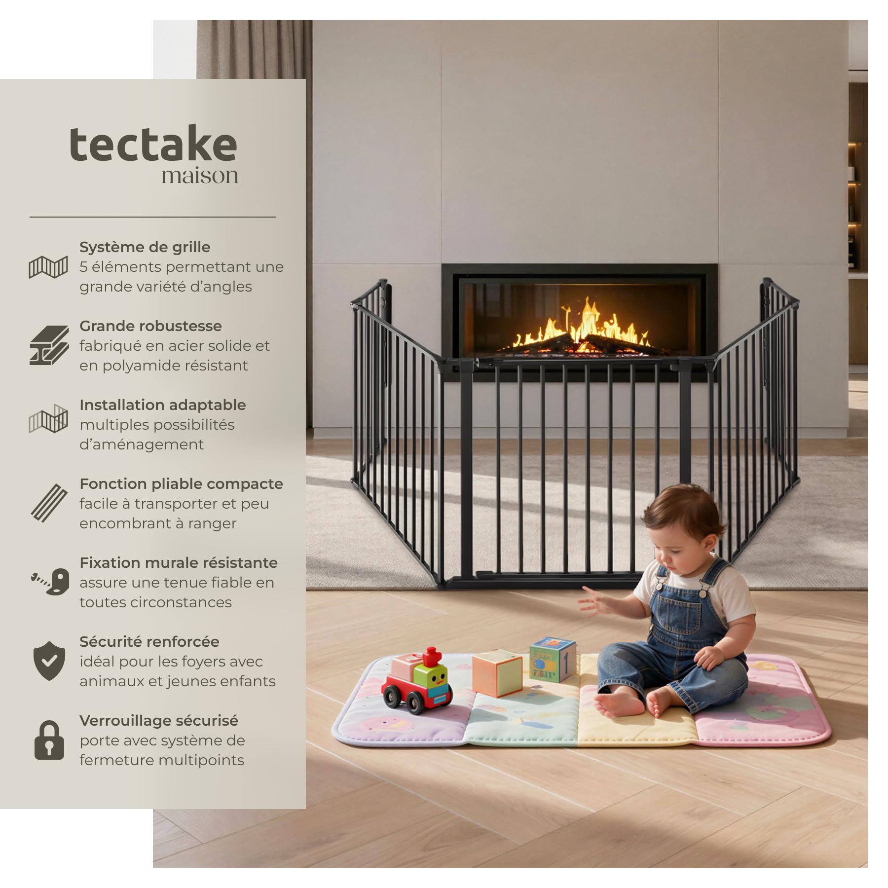 tectake® Barrière de Sécurité Clôture Cheminée 290 cm pour Enfant Chien Chat Pare-Feu Bébé Barrière escalier Barrière Cage Pare-feu Grille de Protection 5 Panneaux Pliable - Noir