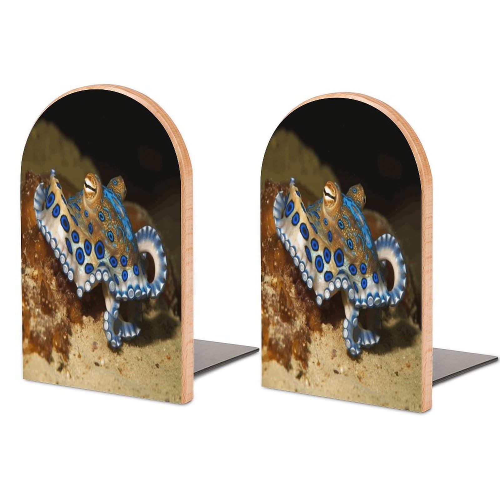 Blue Ring Octopus Bookends for Shelves Non Skid Book Stoppers Universal Economy Bookend Heavy Duty Wood Book End Decorative Book Shelf Holder for Home Office Desk 1 Pair