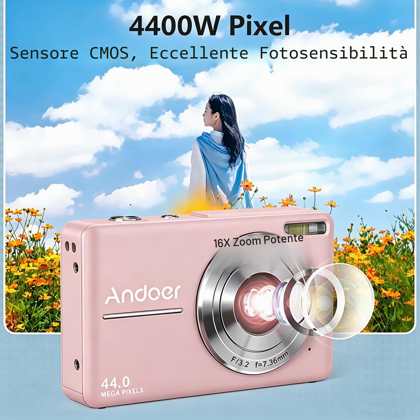 Andoer Fotocamera digitale con 2 batterie ricaricabili,memoria da 32 GB 1080P 44 M HD Zoom digitale 16X Anti-shake Messa a fuoco automatica Schermo IPS 2.5 Schermo LCD Sorriso per Bambini,rosa chiaro