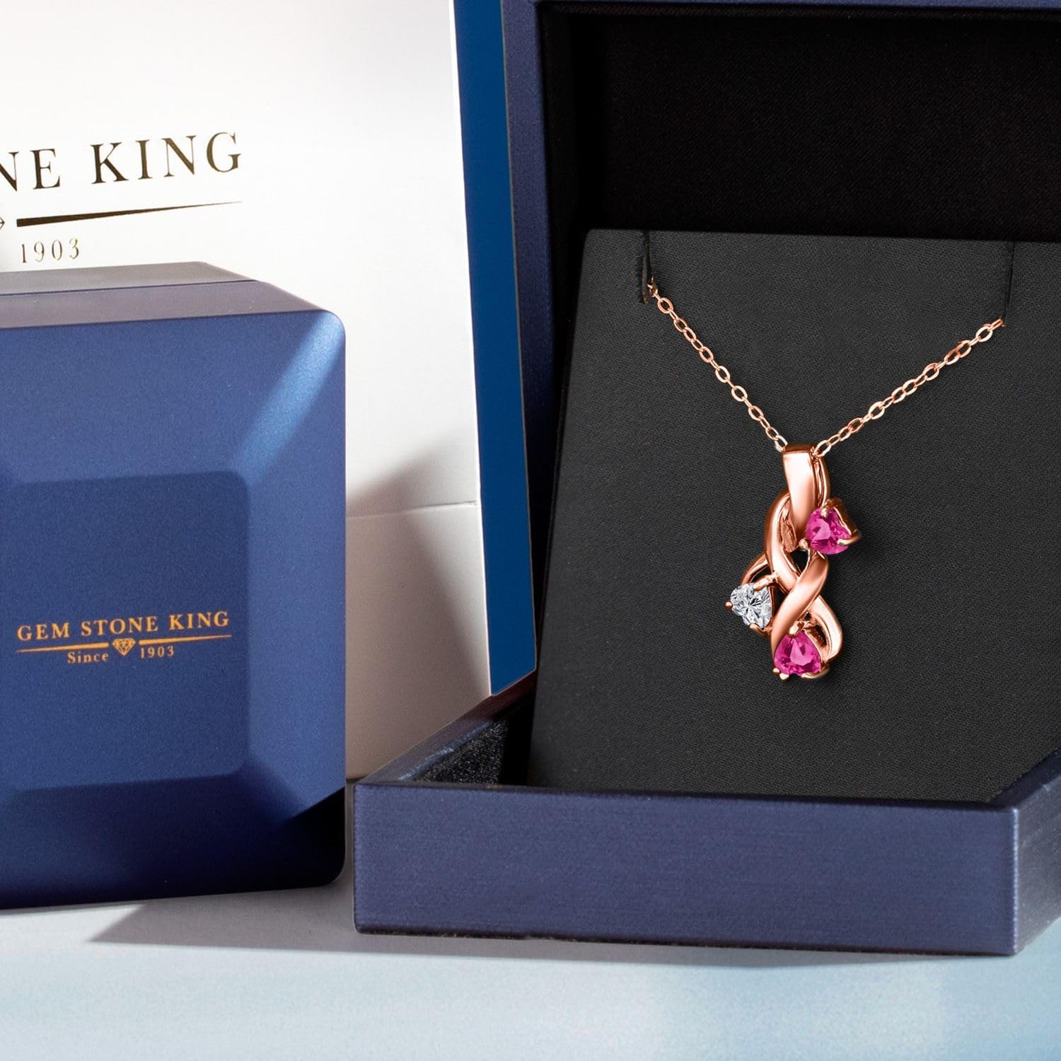 Gem Stone King 18K Rose Gold Plated Silver Lab Grown Diamond and Pink Created Sapphire Pendant Necklace for Women | 1.64 Cttw | Gemstone April Birthstone | Heart Shape 5MM | With 18 Inch Chain - Image 5