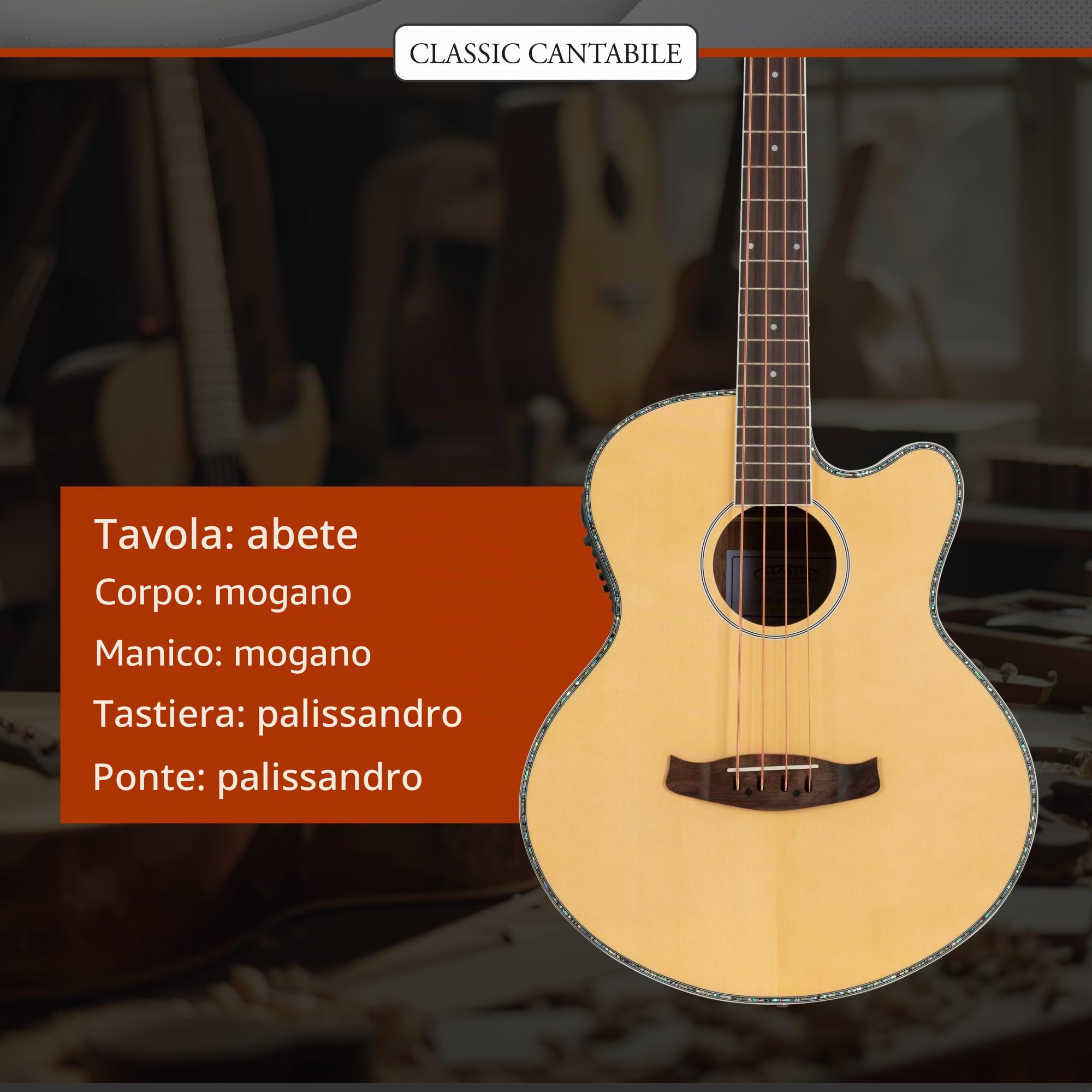 Classic Cantabile ABJ4-50CE-NT Jumbo Basso Acustico Natural, Generale | Modello: ABJ4-50CE-NT, Peso: 2, 3 kg, Numero di corde: 4, Orientamento: Destrimano, Corpo, Forma del corpo: Jumbo con Cutaway