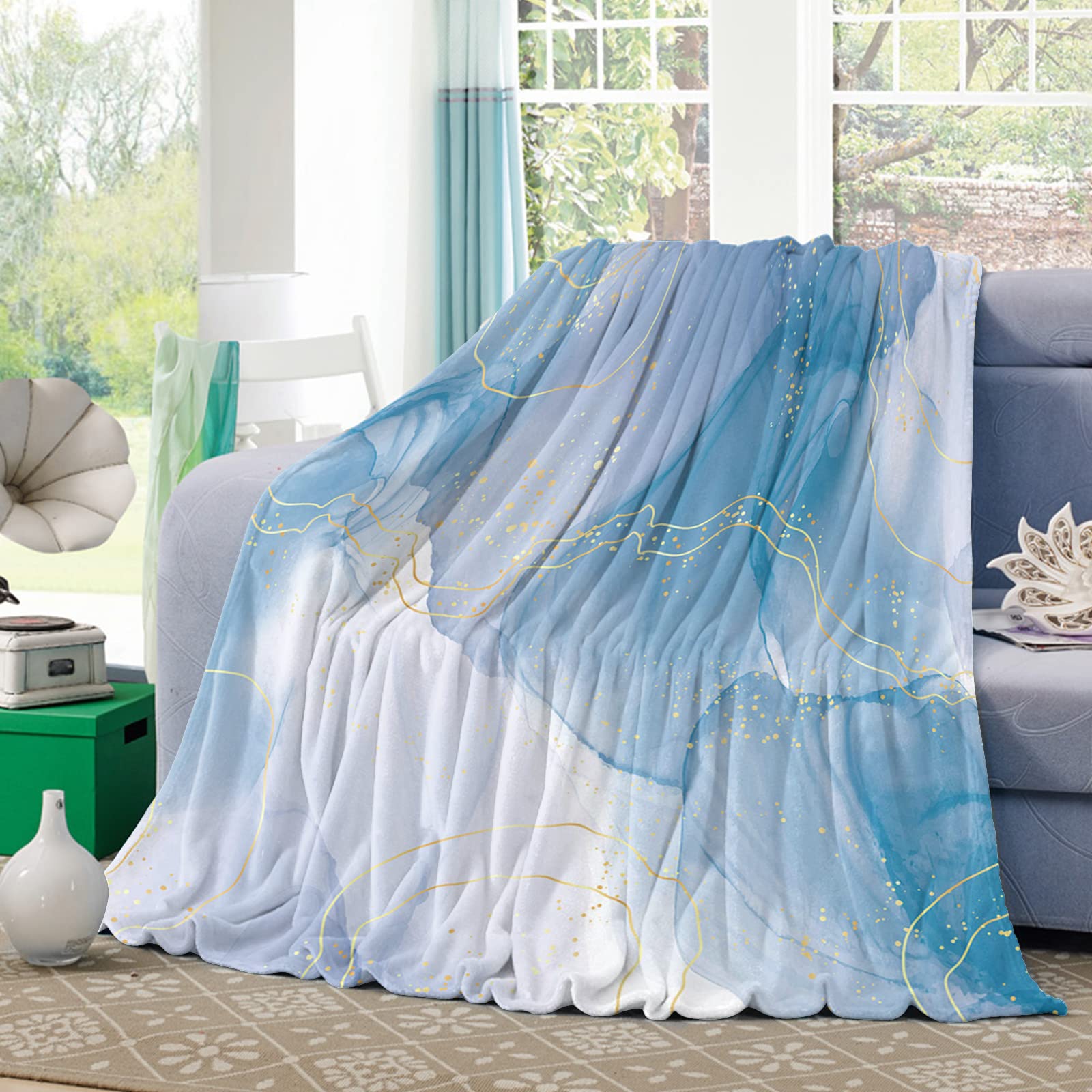 fifbird Flannel Throw Blanket 50x60in,Marble Blue Gradient Gold Powder Ink Art Bed Blanket Soft Warm Blankets for Bed Sofa Couch Travelling Camping Throws Watercolor Texture
