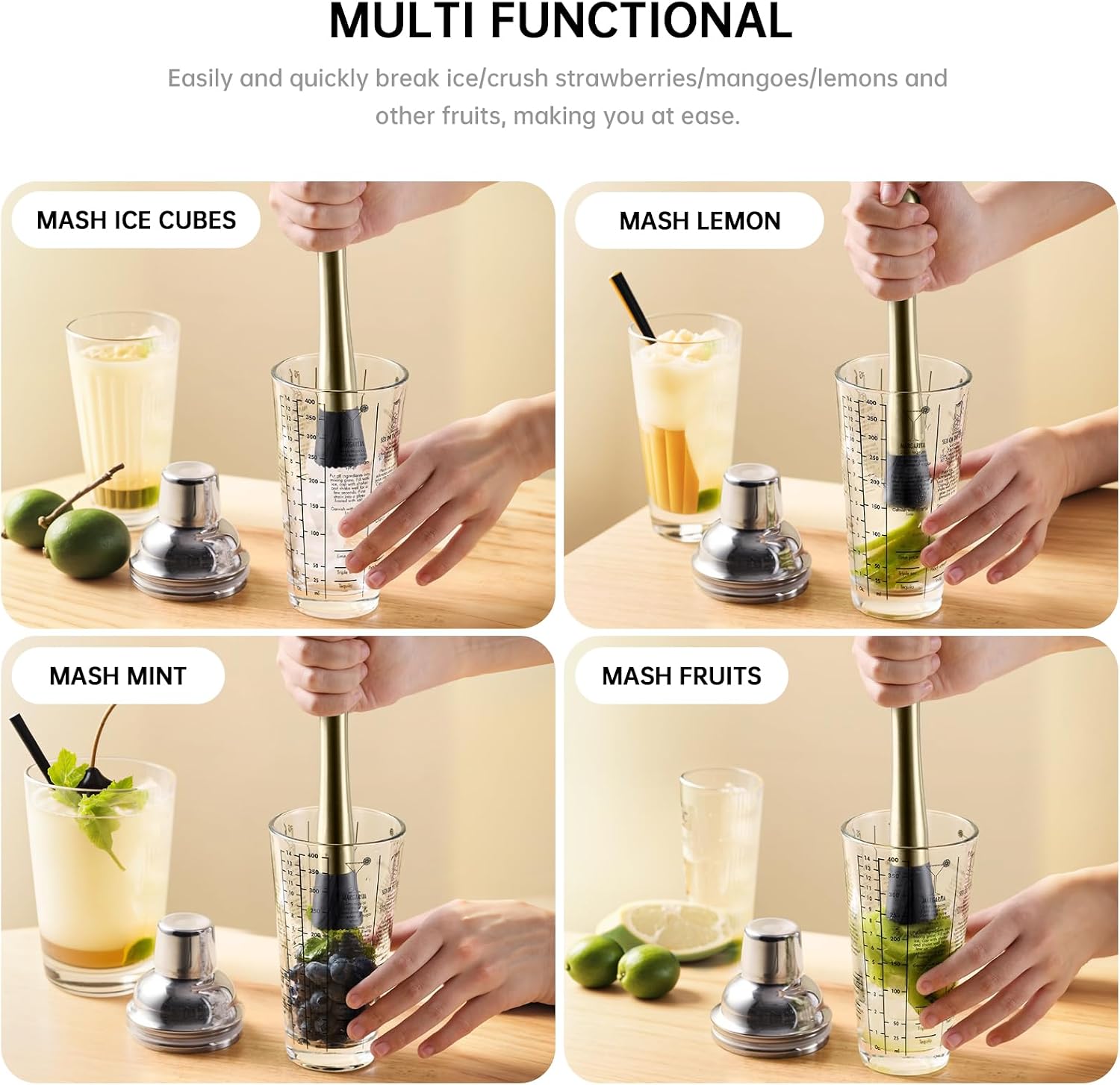 2Pcs 8 Inch Stainless Steel Cocktail Muddler and Mixing Spoon Home Bar Tool Set - Create Delicious Mojitos Old Fashioned/Mint Julep/Other Fruit Based Drinks (Gold)