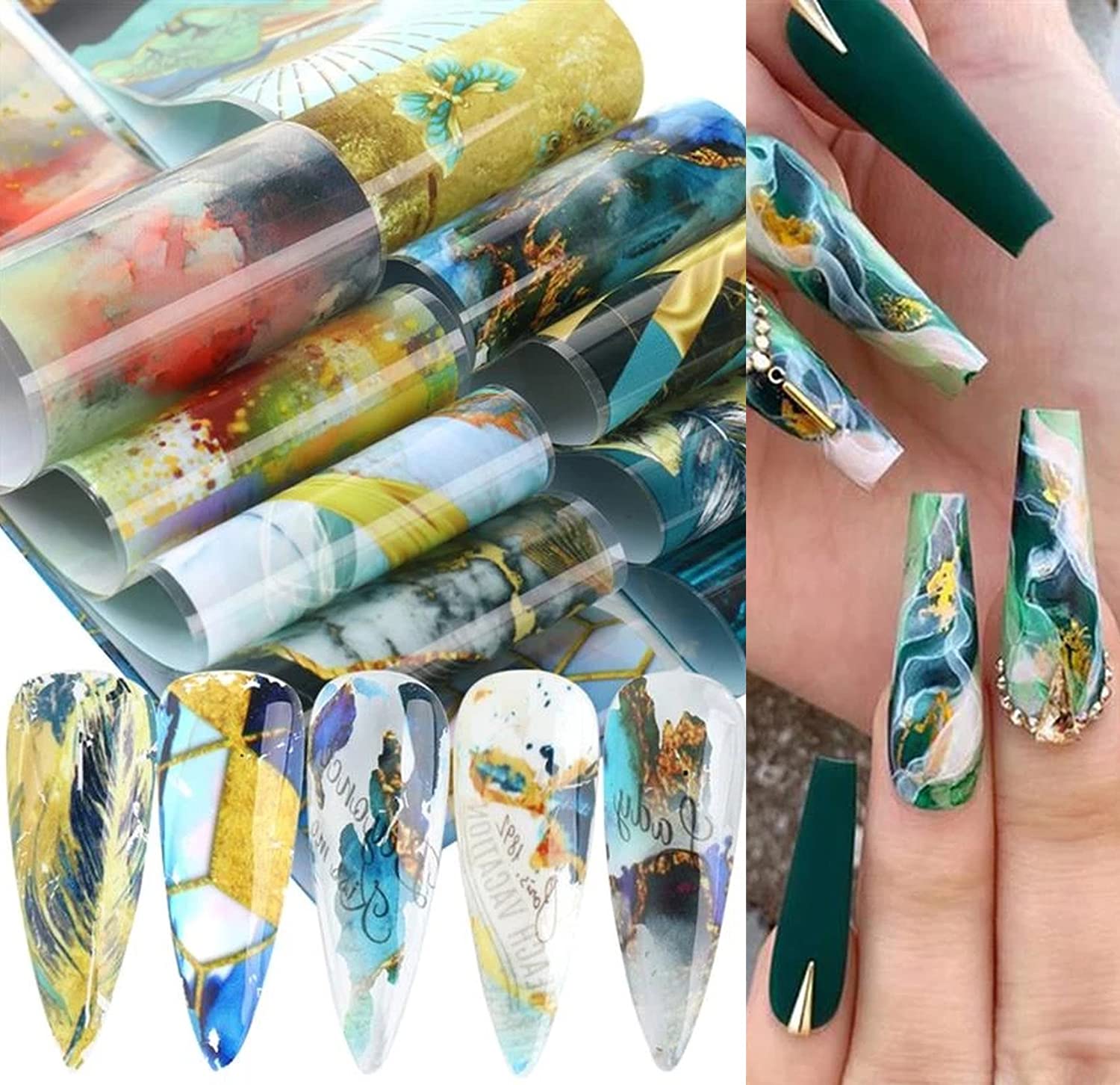 Marble Nail Foils Transfer Sticker Nail Art Supplies Marble Stone Nail Transfers Foil Decals Print Nail Art Foil Wraps Holographic Foil Nail Art Stickers for Women Girls Nail Art Decoration (10 Pcs)