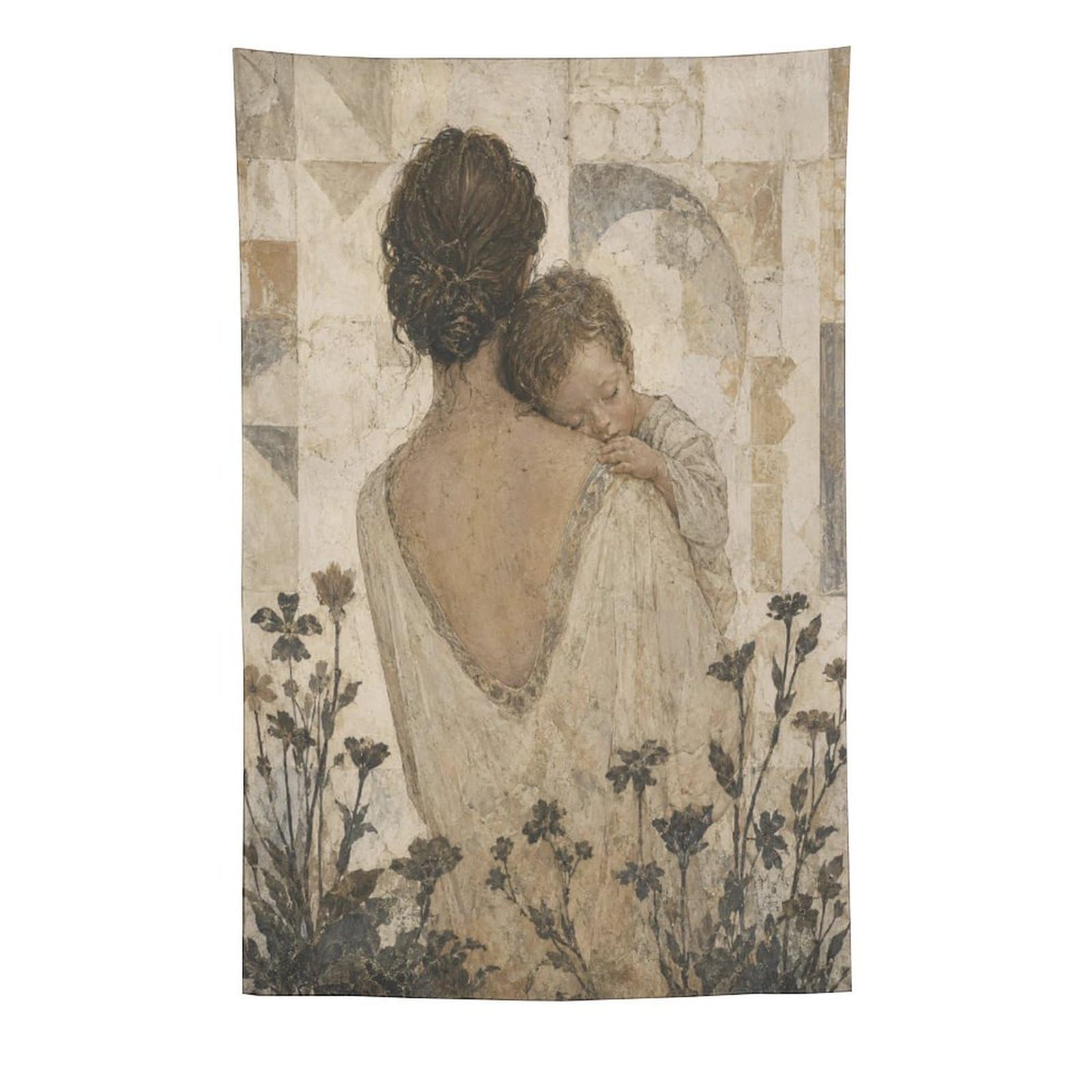 H3B8U2Y5 Mother and Child Sepia Wall Tapestry, Floral Background