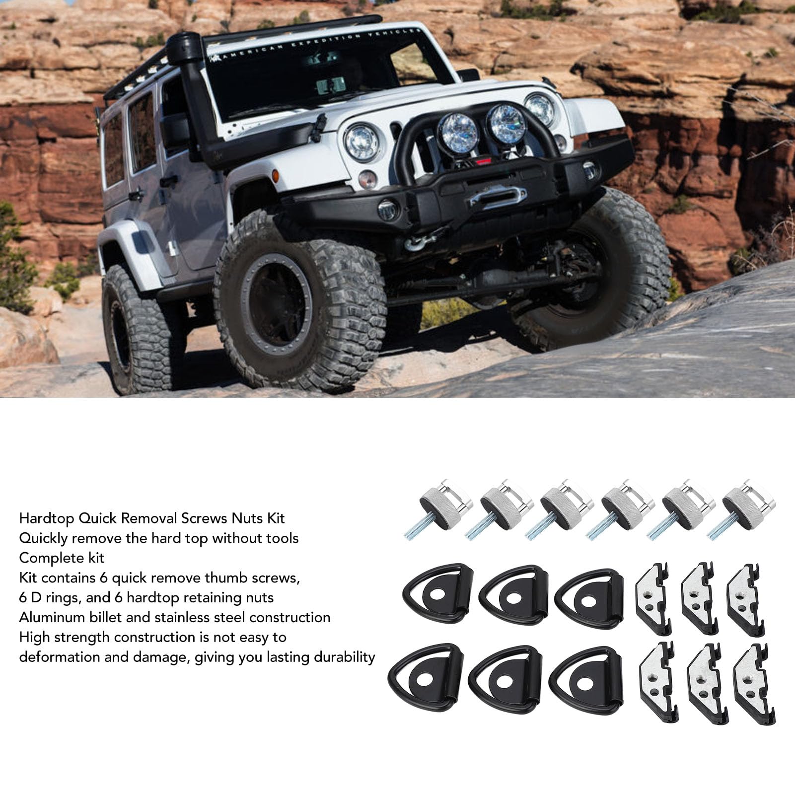 6 Sets Hardtop-Schrauben-Set, Hardtop-Schnellverschluss-Rändelschraube mit D-Ringen und Haltemutter aus Edelstahl für JK JL JT (SILVER)