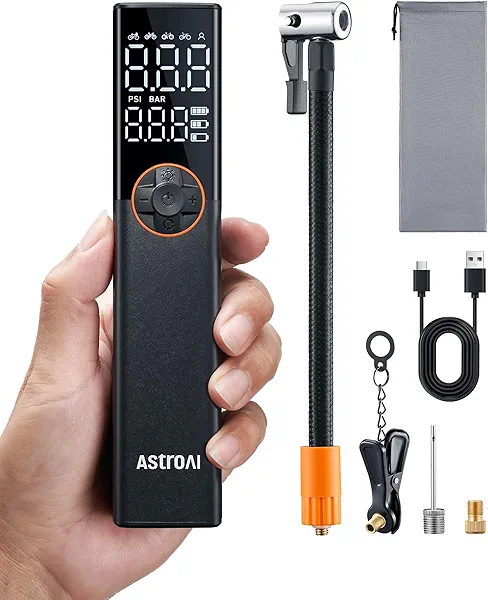 AstroAI L8 Portable Bike Pump, Bicycle Tire Inflator with Pressure Gauge, 150 PSI High Voltage Motor for Electric Mini Air Pump with Presta, Schrader, and Dunlop Valve for Road, Mountain, and E-Bike