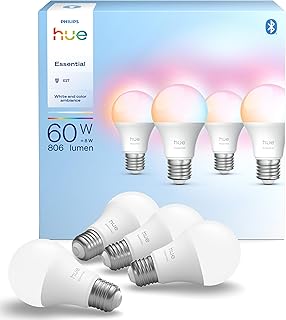 Philips Hue Essential Ampoule LED Connectée A60, White and Color Ambiance, Ampoule E27, 8W, 2200-6500 K, 806 lumens, Intensité réglable, Compatible Alexa, Google Assistant et Apple Home, Pack de 4