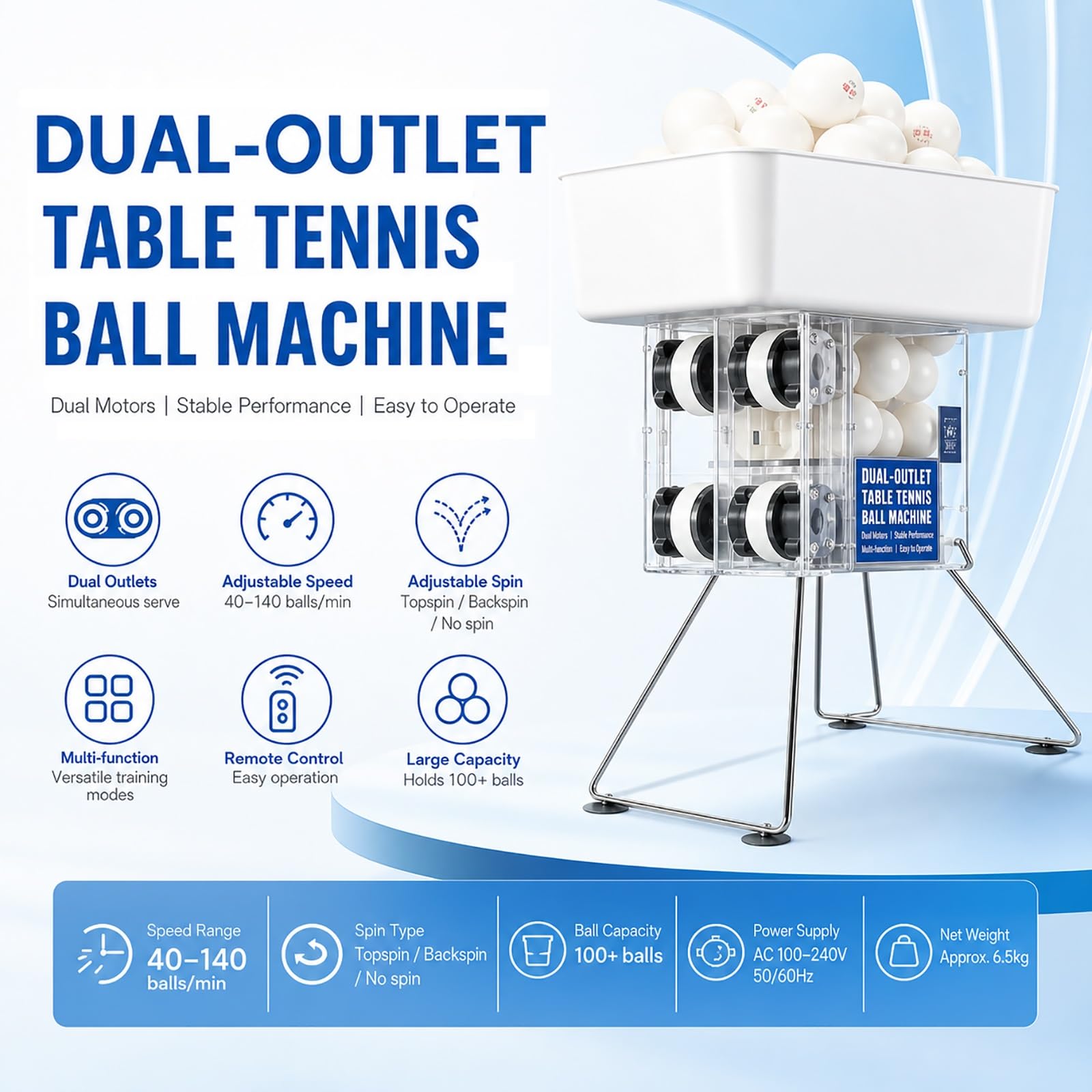 Genérico Máquina Robot de Ping Pong, máquina de Velocidad de Giro Ajustable | Tolva de bolas de alta capacidad, for el hogar, dormitorio, escuela, pequeña cancha de tenis de mesa cubierta