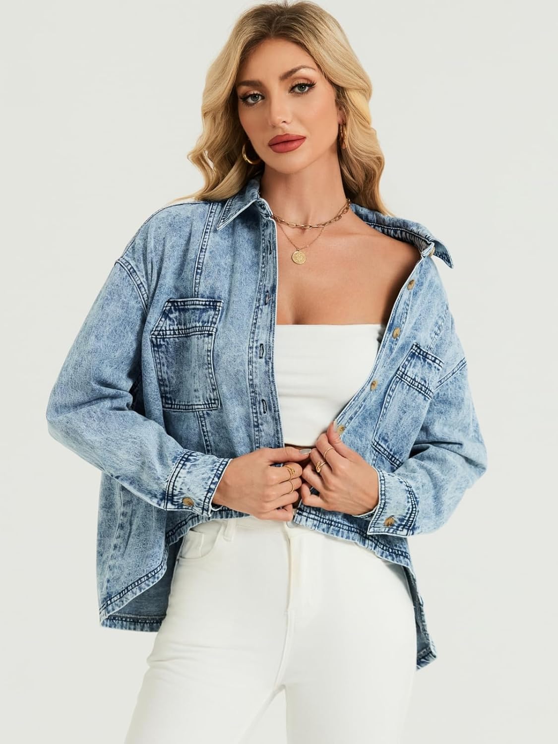 LifeShe Oversized Jean Jacket Women Lightweight Batwing Sleeve Denim Shacket Fall Shirt Trendy 2026 - Image 6