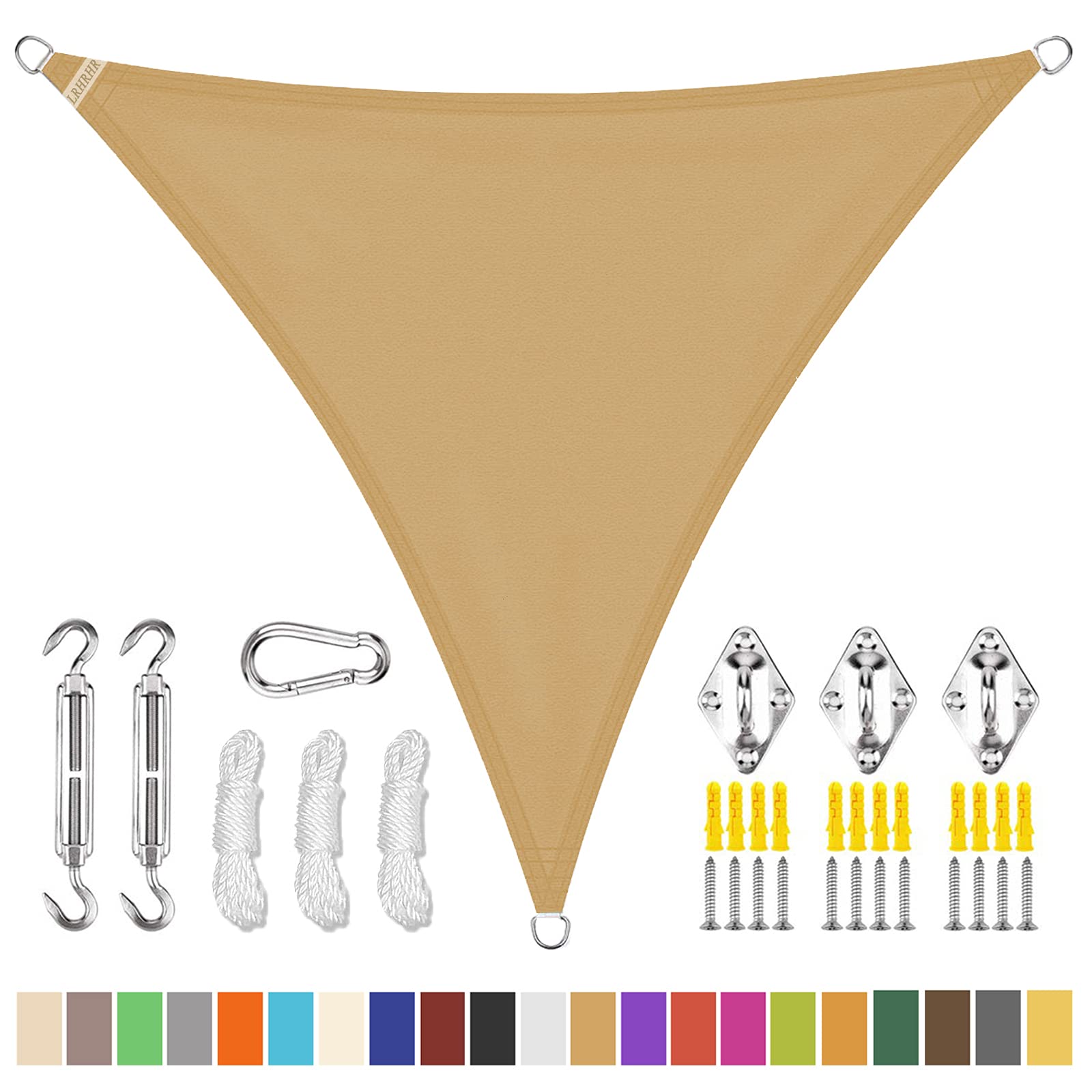 Sonnensegel Dreieckig Polyester Windschutz Wasserdicht UV Schutz Sonnensegel Sonnenschutz mit Befestigungs Kit, für Garten Balkon Camping- Sand|| 2.4x2.4x2.4m