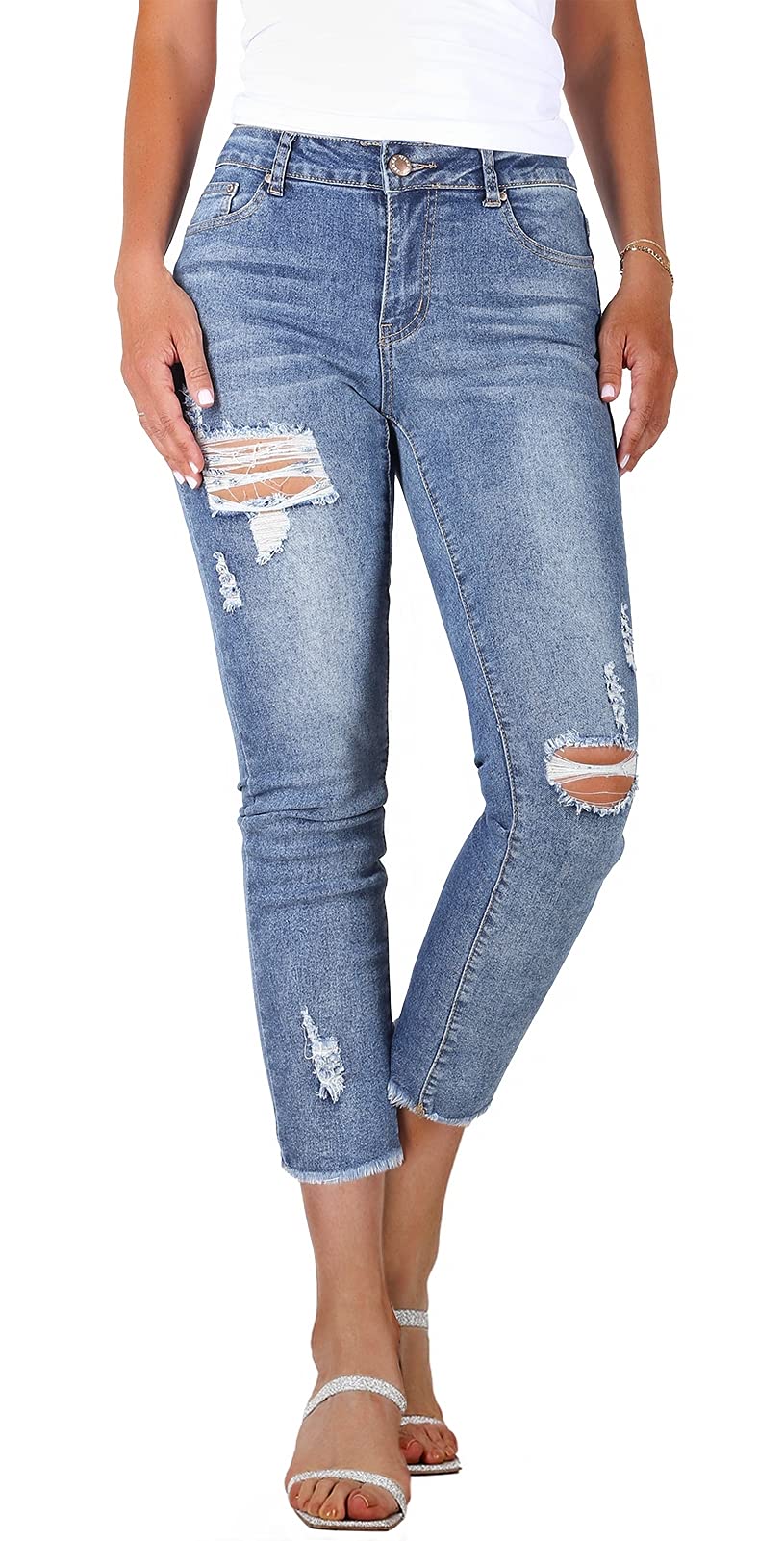 BodiLove Women's Super Stretchy Ripped Skinny Jeans – Ankle-Length, 5-Pocket, Mid Rise, Light Blue, Size 11 - View #3