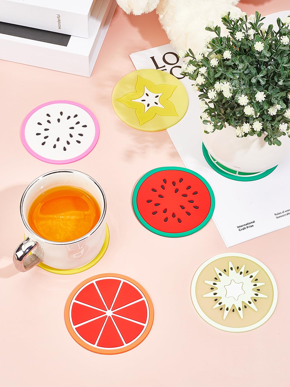 7Pcs Silicone Fruit Coaster, Mixed Color Cup Mats Resistant Pot Mats Reusable Kitchen Utensils for Home Decor Tabletop Protection House Car Interior