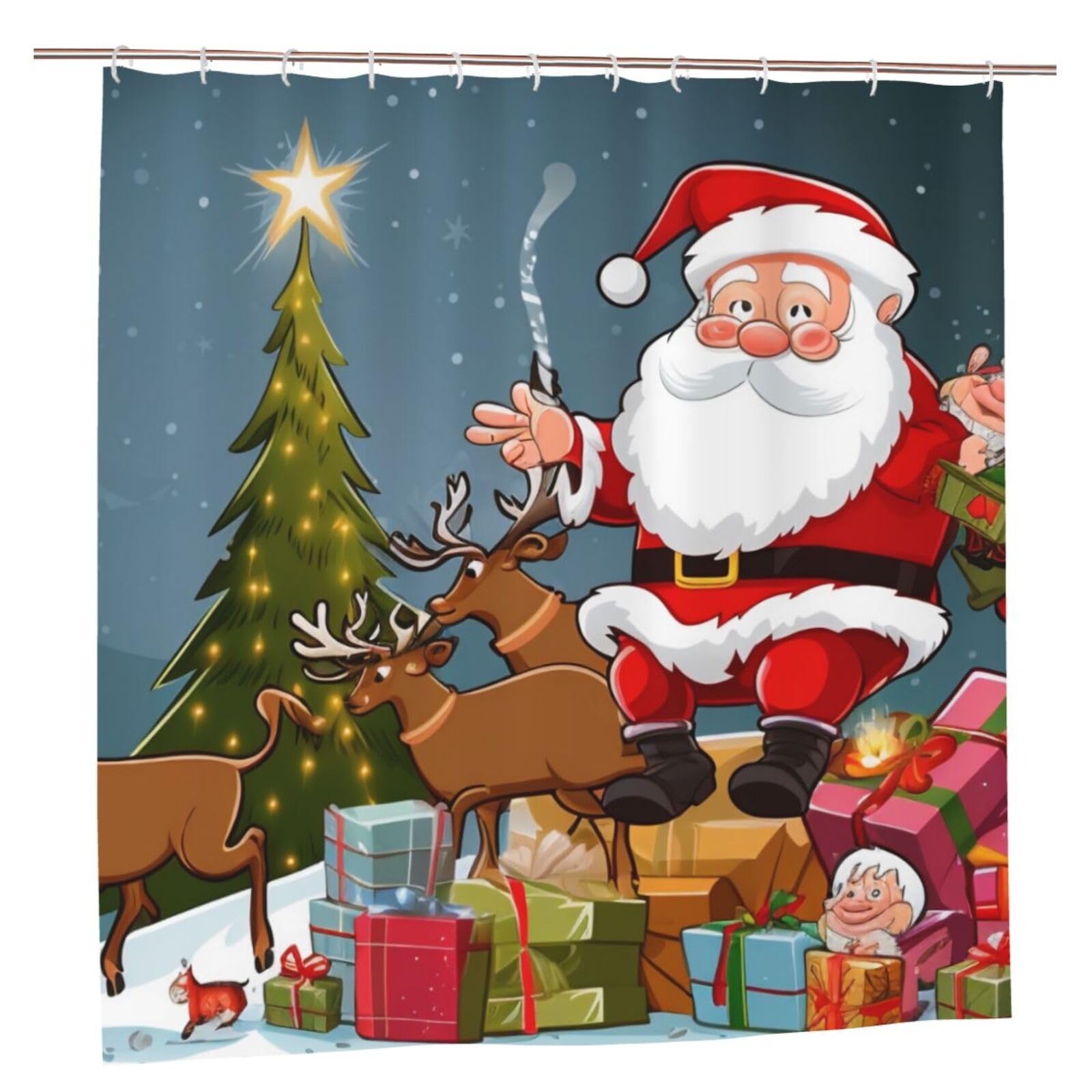 BWWHCCTI Merry Christmas print Printed Shower Curtain With 12 Plastic Hooks Opaque Quick Drying Waterproof Shower Curtains Sets For Bathroom 183x183 CM