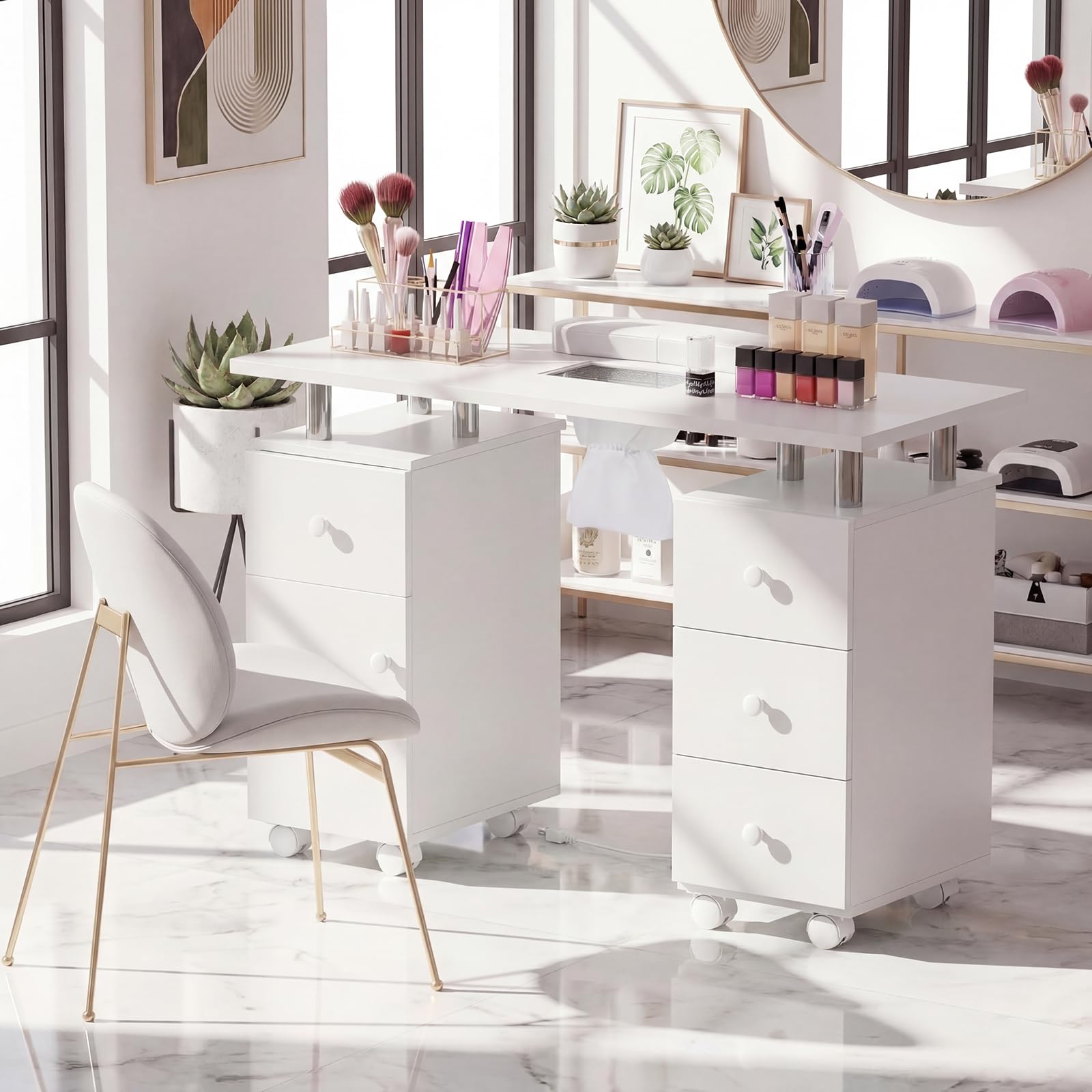RELAX4LIFE Nageltisch, Manikürtisch mit Staubabsaugung, Handauflage & 3 Staubbeuteln, Nagel Tisch mit Schrank & 4 Schubladen, Maniküretisch mit abschließen Rollen für Nagelstudio & Maniküre (Weiß)