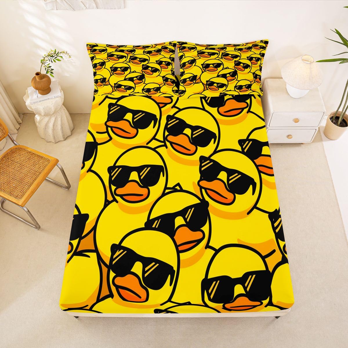 Homewish Kaczki Kawaii prześcieradła król okulary przeciwsłoneczne kaczka dopasowane prześcieradło dziewczęce kaczka zestaw pościeli dla dzieci nastolatków dziewcząt, kreskówka kaczki narzuta na łóżko