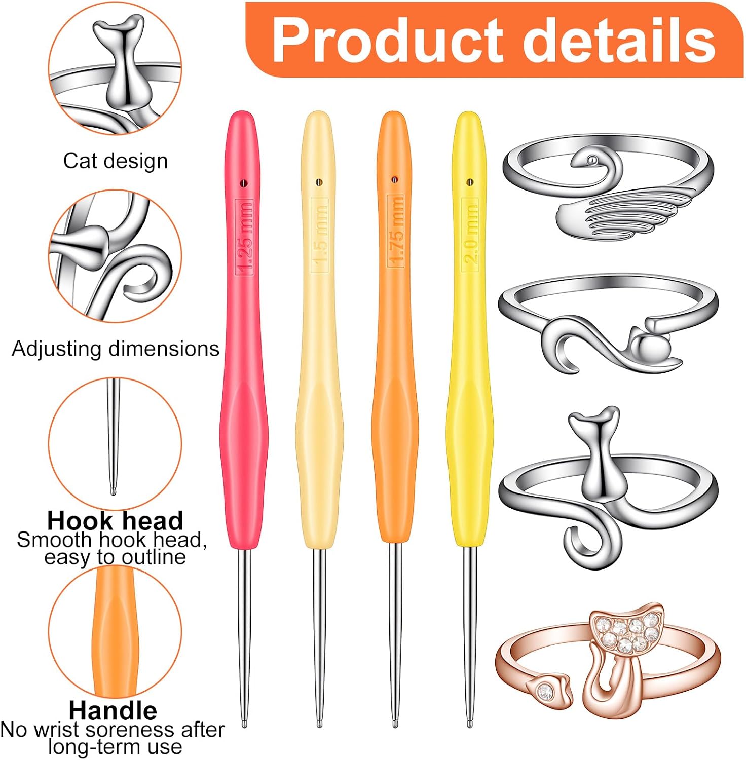 Yuanchu 8 PCS Ergonomic Crochet Hooks Crochet Rings Set for All Yarn Types