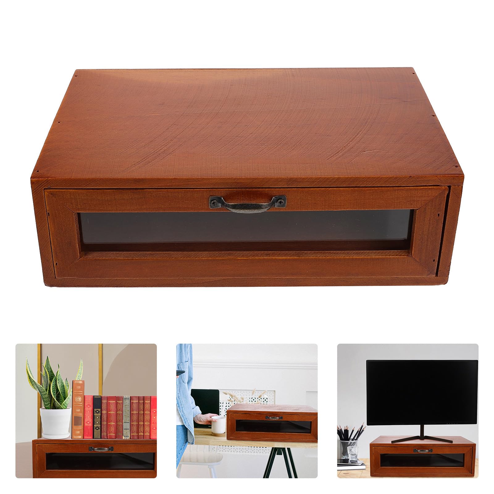 Ipetboom Organizer da Scrivania Cassetto Portaoggetti e Supporto per Monitor in Legno e Vetro Stile Retrò Marrone, per Ufficio e Decorazione Desktop