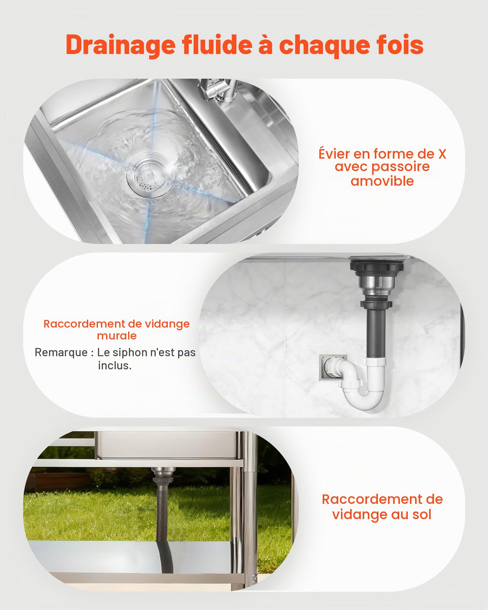 VEVOR Évier cuisine utilitaire en acier inoxydable, évier professionnel autoportant à cuve unique droite, avec robinet, tuyau d'eau chaude et froide pour garage, restaurant, buanderie, 100x50x94 cm