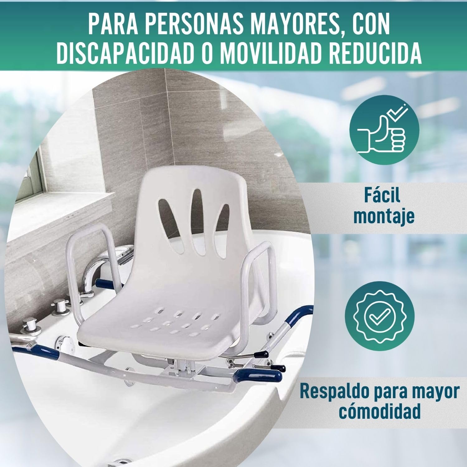 OrtoPrime Silla Bañera Giratoria 360º - Asiento Bañera Adulto Cómoda Transferencia - Silla Ducha Mayores FÁCIL Acceso - Silla de Baño Antideslizante