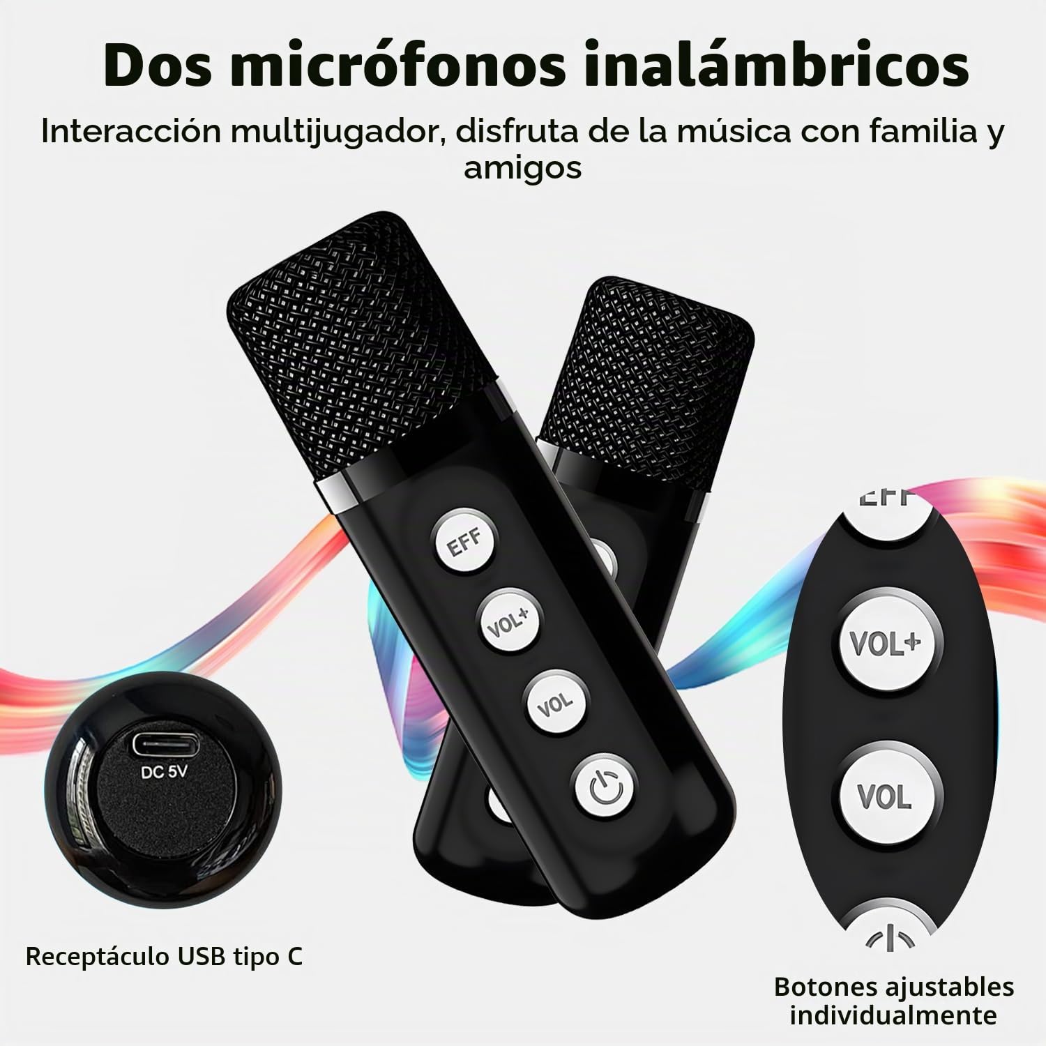Karaoke 2 Microfonos Inalambricos, Altavoz Bluetooth con Microfono Recargable para Infantil, Portátil Sistema PA de Karaoke con Luces LED para Fiestas y Reuniones en el Hogar, Regalo para Niños