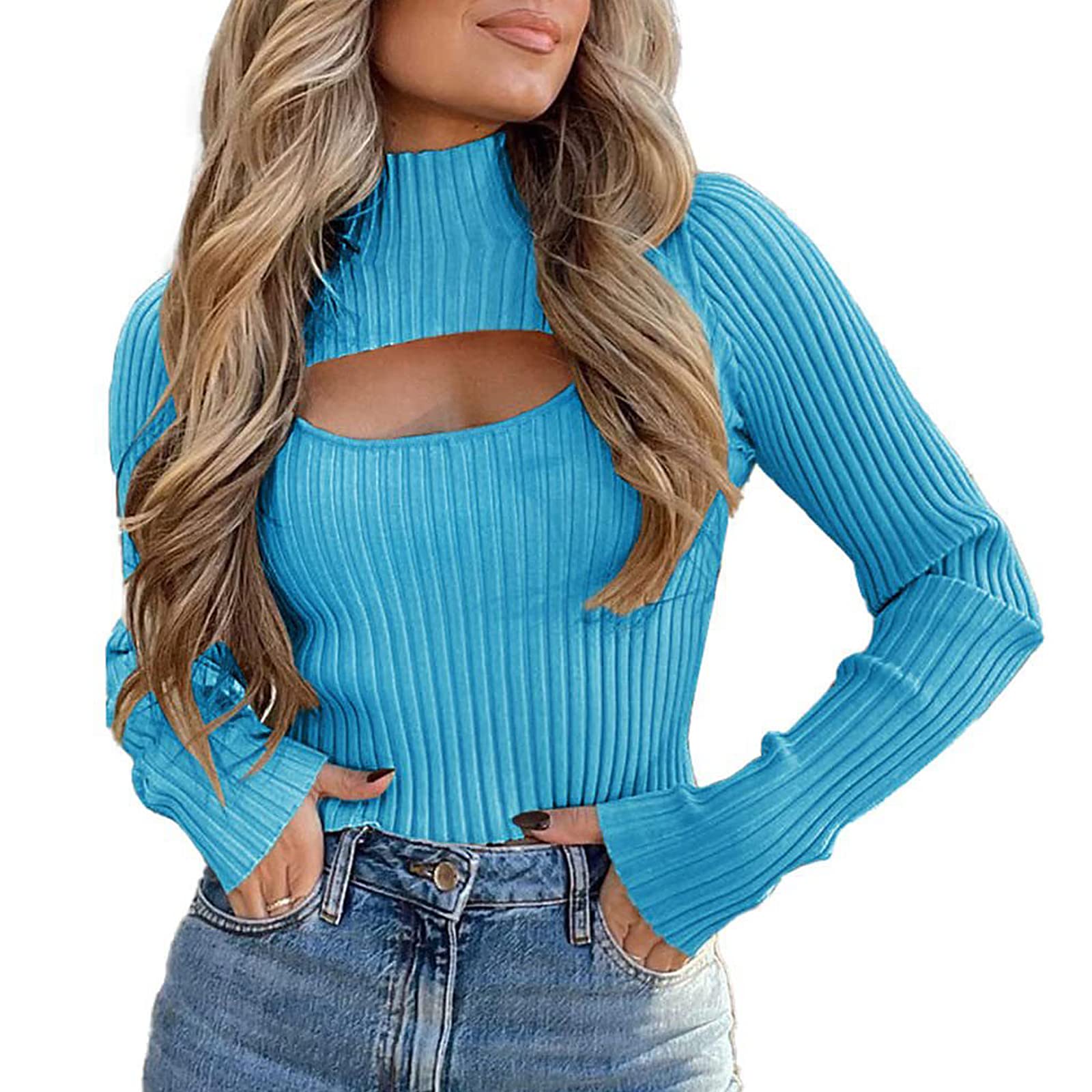 Women's 2 Piece Sweater Cutout Tops Long Sleeve Mock Neck Ribbed Knit Fitted Pullover Sweater